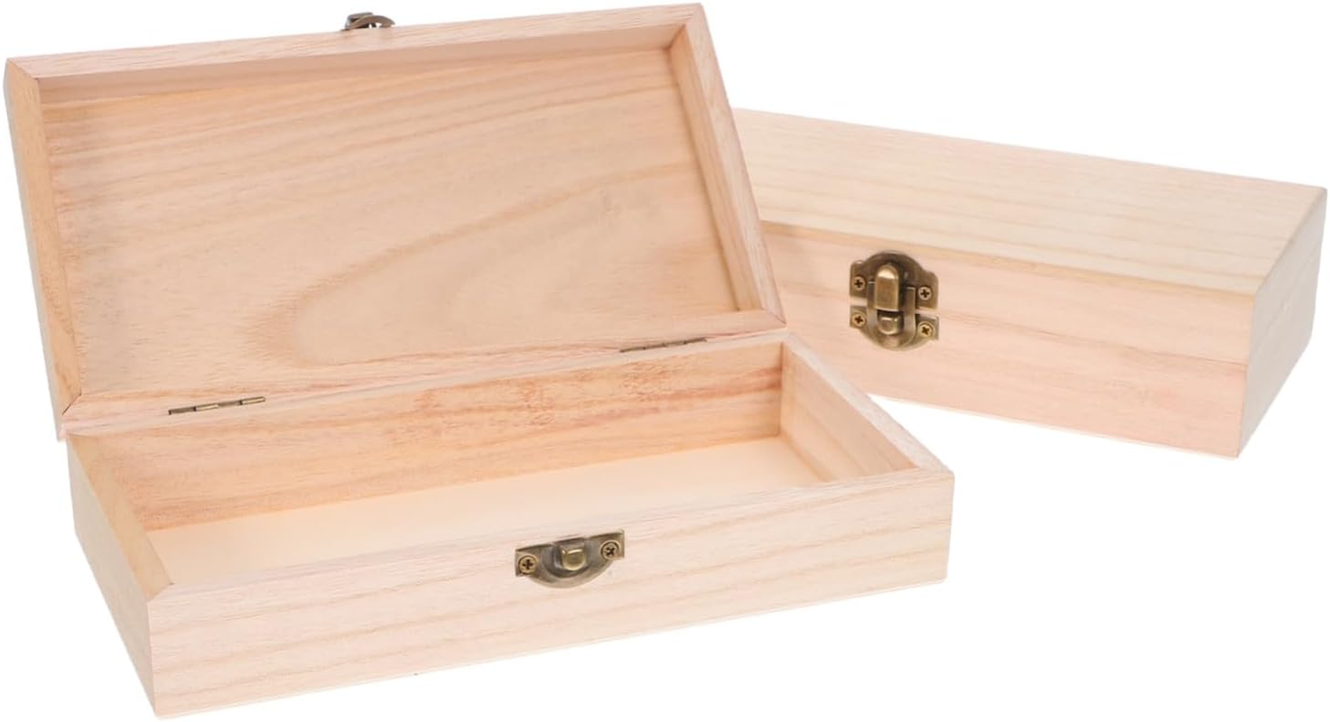 2Pcs Wooden Storage Box Unfinished Wood Treasure Chest Hinged Lid and Front Buckle for Jewelry Home Craft Storage image number 1