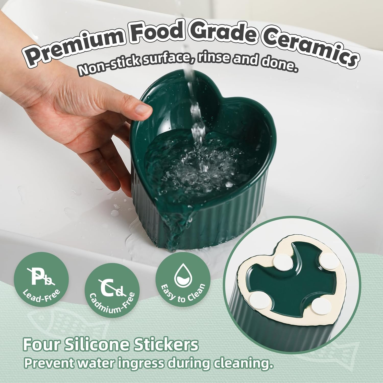 Elevated Cat Food Bowl Set - Double Tilted Bowls with Non Slip Mat - Raised Ceramic Bowls - Whisker Friendly - Tall Dishes - Green & Dark Green image number 1