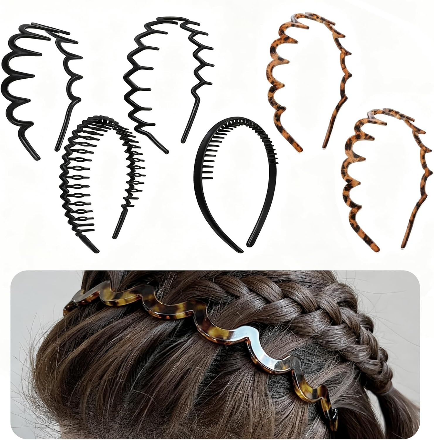 Pack of 6 Zigzag Headbands, Zigzag Headband, Black, Amber Shark Tooth Hair Band, Wavy Sports Headband Made of Plastic for Men and Women, Women'S Hair Band for Fitness, Yoga and Everyday Life image number 2