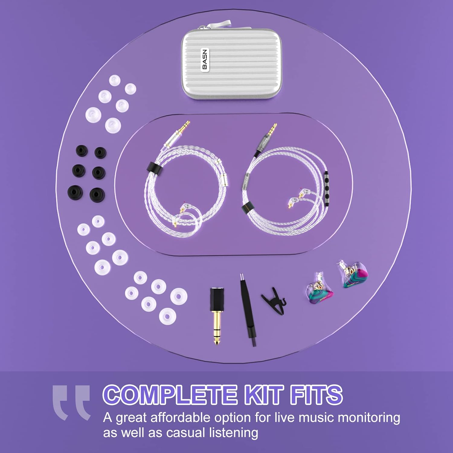 BASN MMCX Triple Driver In-Ear Monitors with Rich Bass, Hifi Stereo IEM Earphones with Upgraded Detachable Cables for Audiophiles Musicians(Purple Aurora)