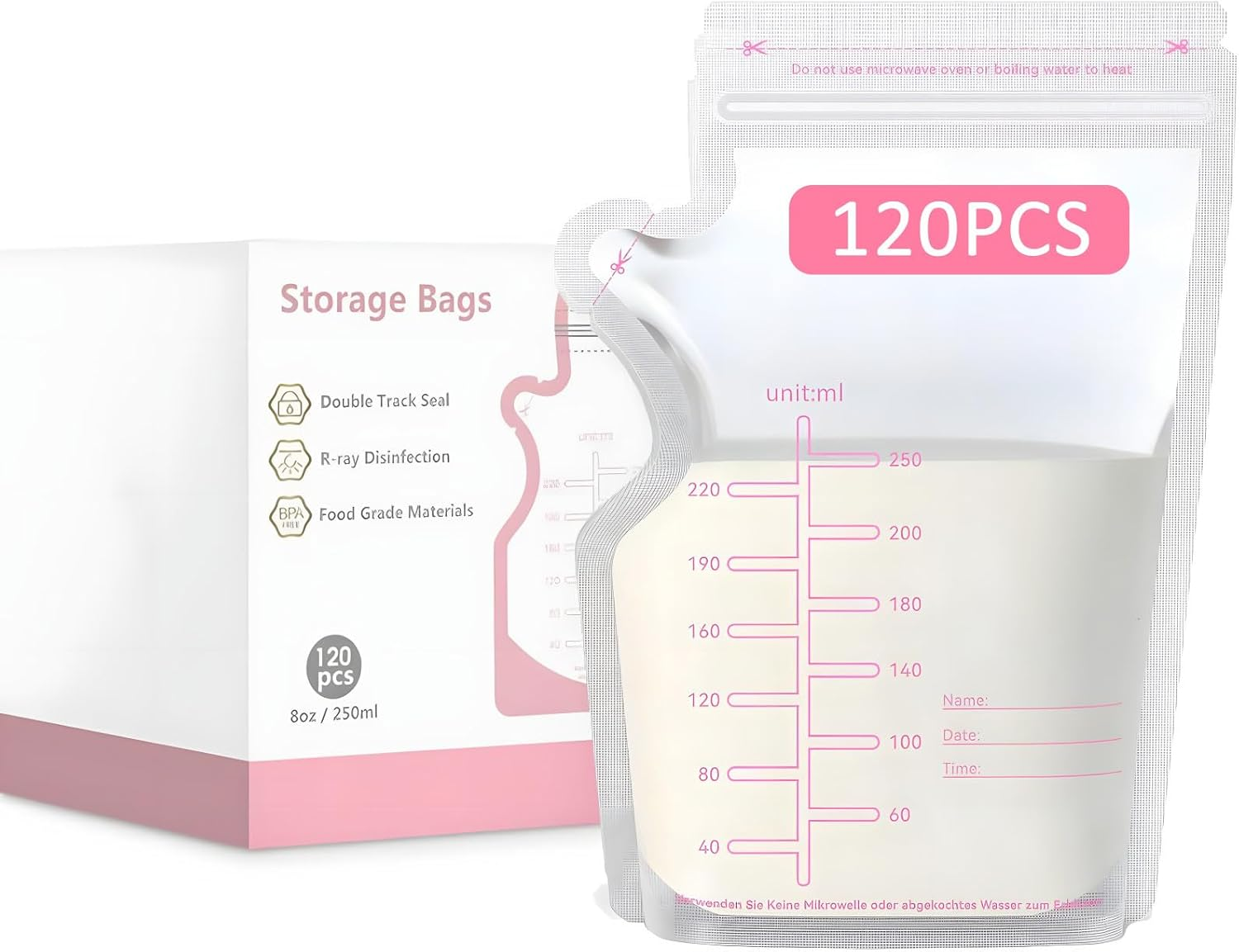 Breast Milk Storage Bags, 120 Pack Disposable Leakproof Breastmilk Storage Bags, 250Ml Capacity, Double Track Seal, Pre-Sterilised, BPA Free image number 5