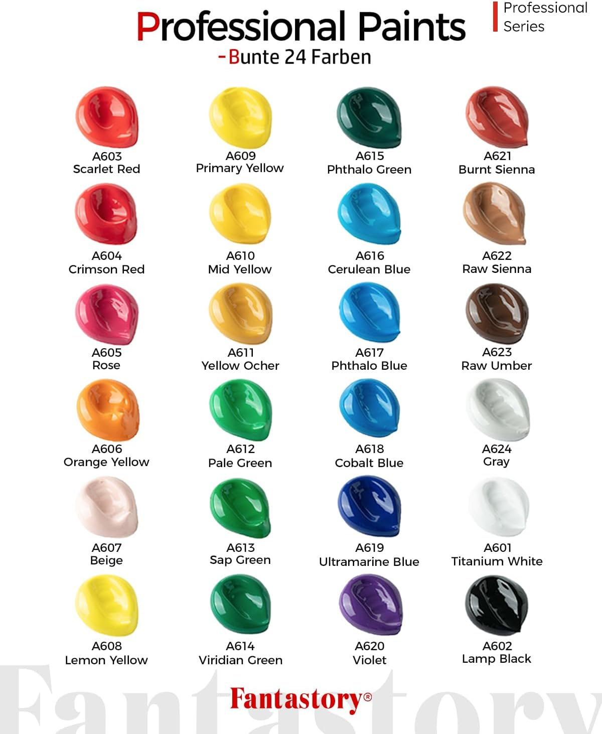 Fantastory Acrylic Paint Set, 24 Colors(2Oz/60Ml), Professional Craft Paint, Art Supplies Kit for Adults Canvas/Fabric/Rock/Glass/Stone/Ceramic/Model/Wood Painting with 12 Brushes image number 6