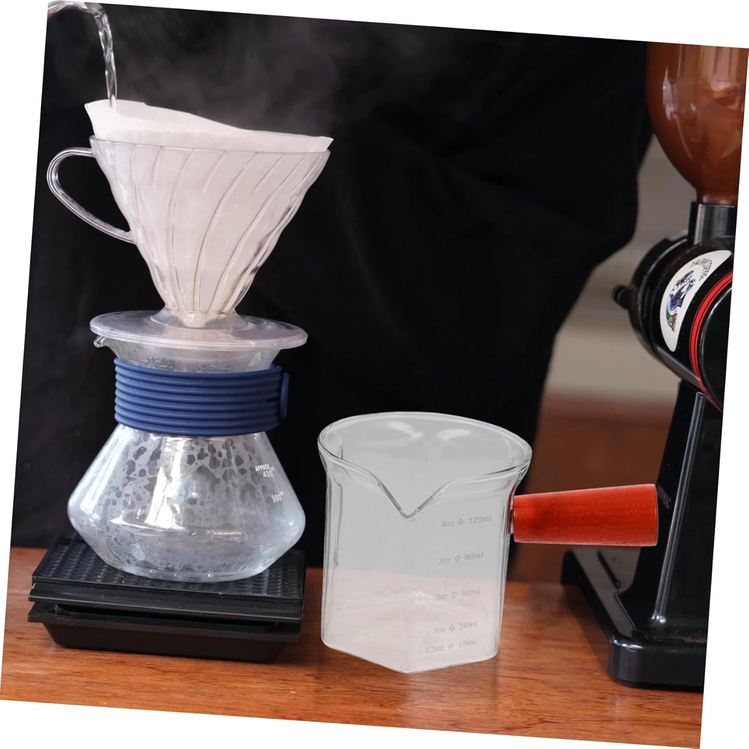 BATHVEVE Glass Espresso Measuring Cup with Heat-Resistant Wooden Handle Transparent Milk Pitcher with Scale for Precise Coffee Pouring and Consistent Brewing at Home Coffee Bar Random Color image number 4