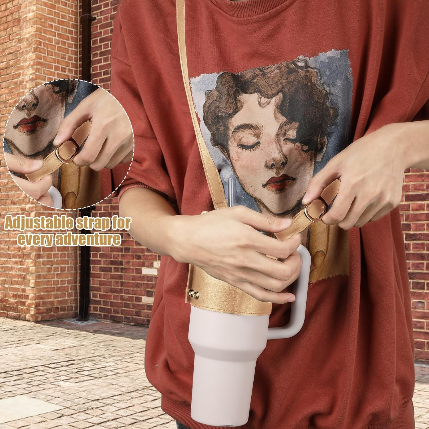 PEUTIER Water Bottle Holder with Strap for Stanley Cup, Adjustable Leather Carrier Strap Water Bottle Bag Compatible with Stanley 40Oz & 30Oz Tumbler with Handle(Apricot) - Apricot image number 3