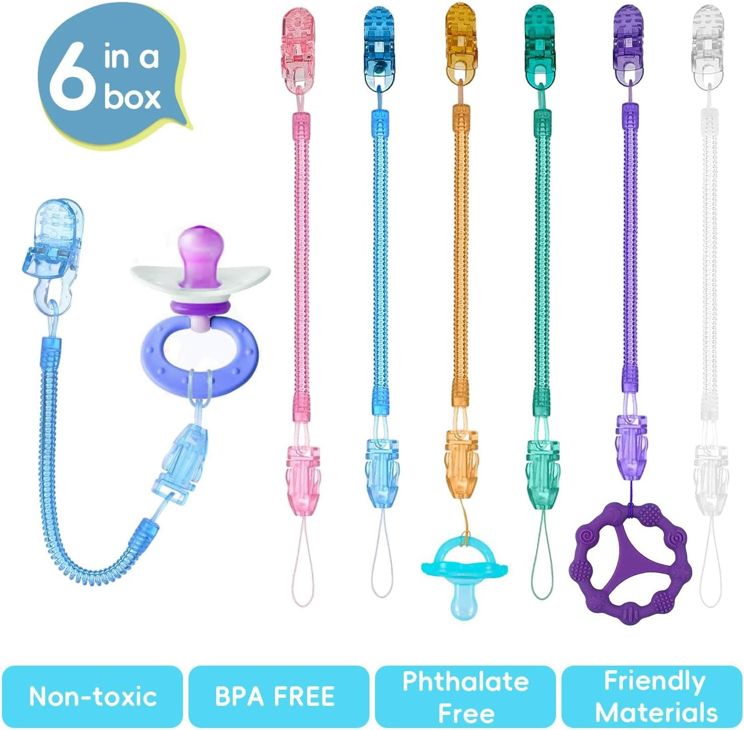 6 Pack Pacifier Clip with Adjustable Spring, Baby Toy Clips Retractable Chain Bpa-Free, Lightweight, High Chair Toys Straps Stroller Accessories Toddler Car Seat Toys Baby Travel Essential image number 4