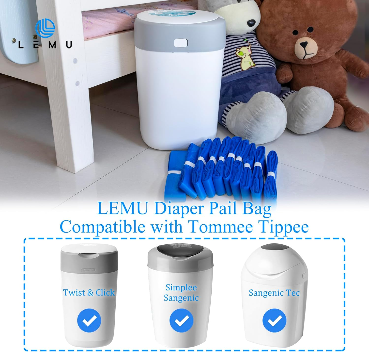 LEMU 10-Pack (10 Meters) Nappy Bin Refill Bags - Compatible with Tommee Tippee Twist & Click - 7 Layer Anti-Bacterial Odor Protection - Eco-Friendly - Cassette Not Included image number 2