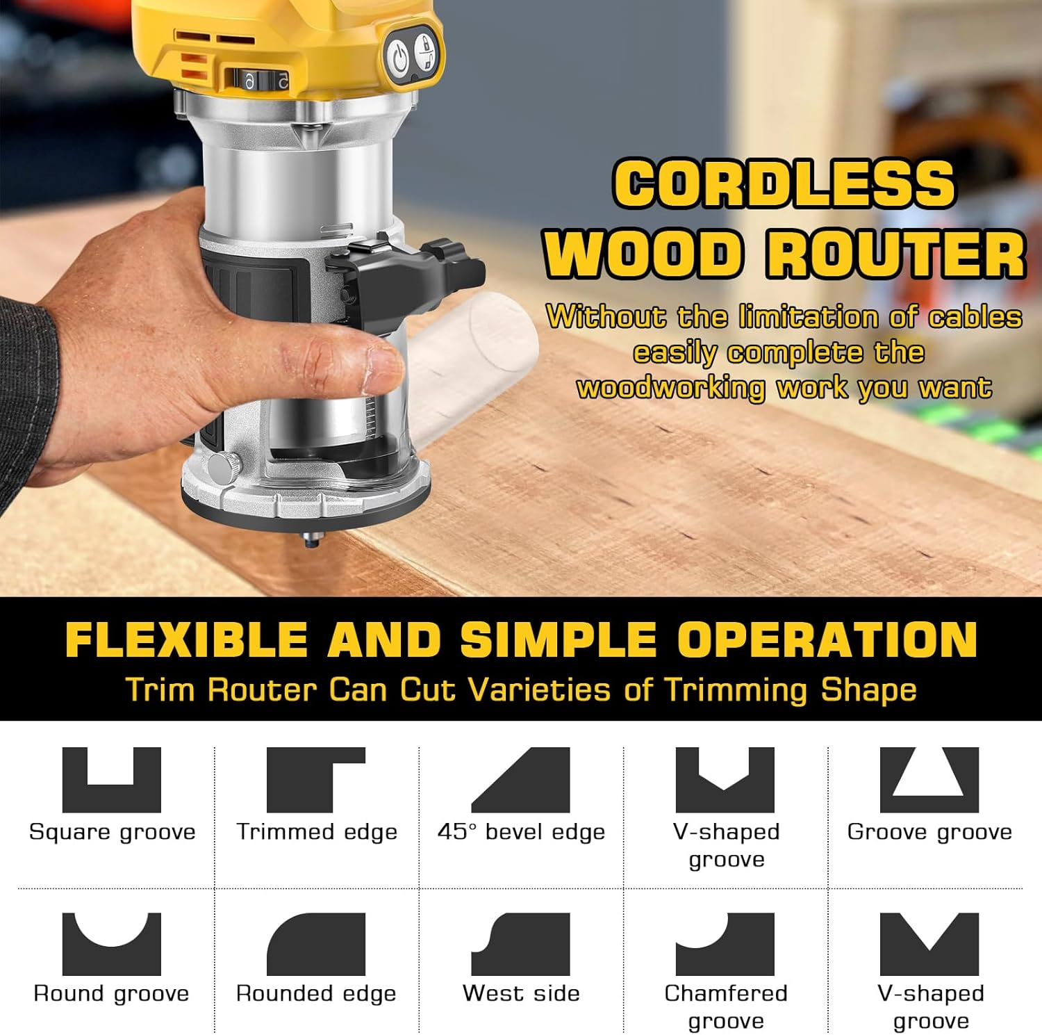 Cordless Power Router Compatible with Dewalt 18V-20V Battery, 800W Brushless Wood Trimmer with 6 Speed, Brushless Router Trimmer, Cordless Wood Trimmer, Straight Guide, 15 Milling Bits and 2 Spanners