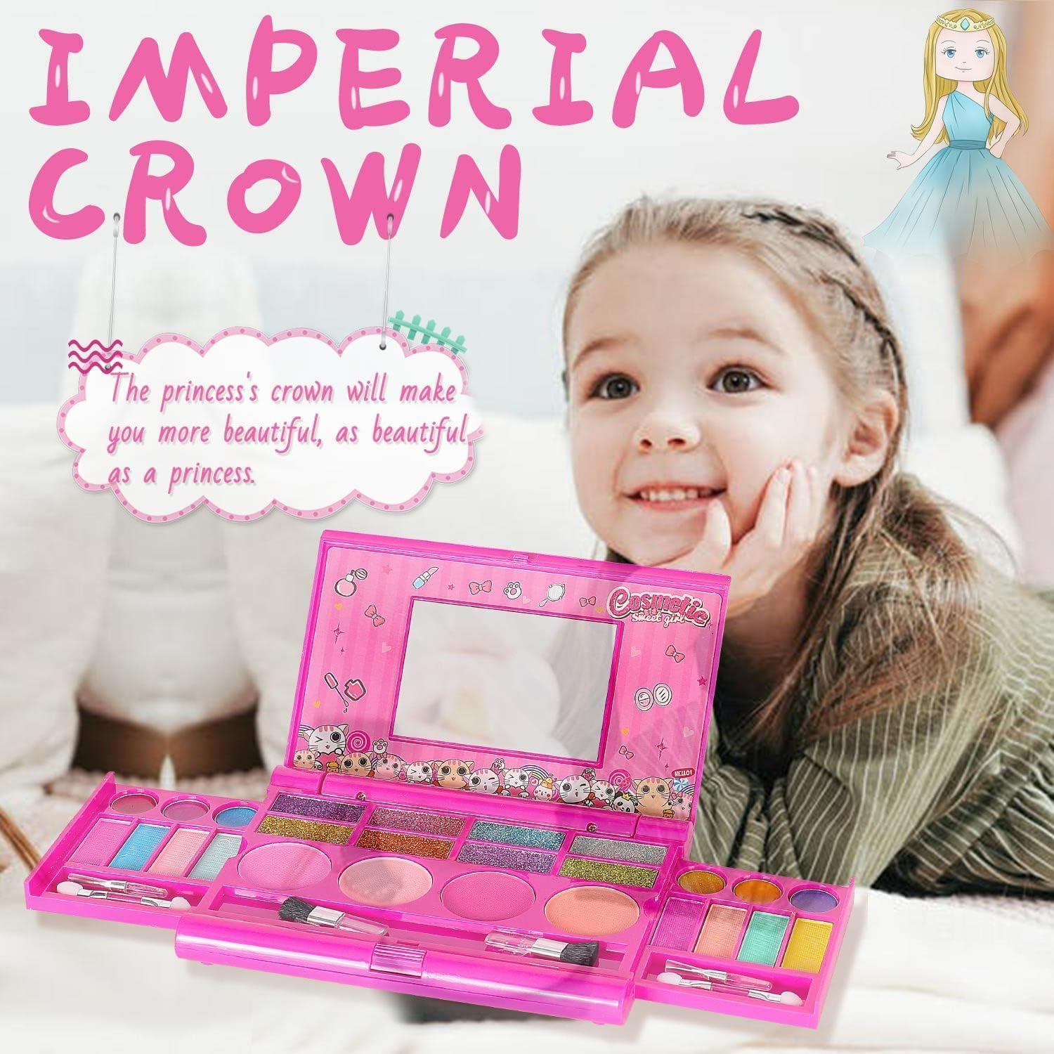 Kids Makeup Kit for Girls, Washable Makeup Girls Toy for Little Girl Princess, Play Make up Safety with Mirror, Beauty Christmas Birthday Toddler 3-12 Year Old Girls, Pink image number 3