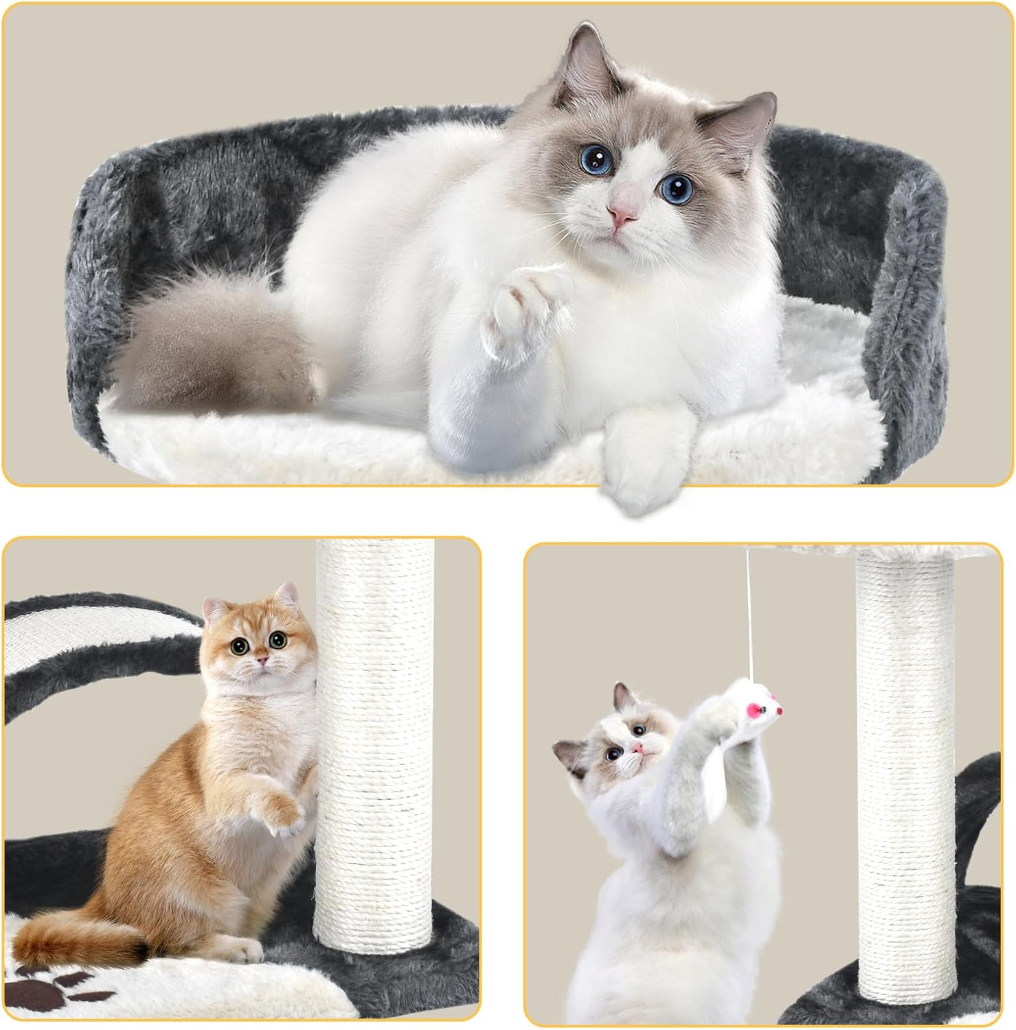 FIEKKRNR Cat Tree Tower with Scratching Posts, Activity Centre Climbing Tree Furniture, Natural Sisal Scratching Post, and Dangling Ball for Indoor Cats, Beige & Gray image number 6