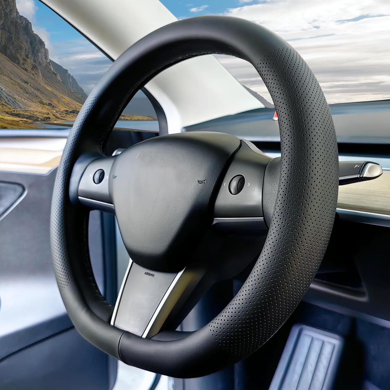 Nappa Leather Steering Wheel Cover for Tesla Model Y Juniper 2025 2026, Non-Slip Breathable Thin Comfortable Steering Wheel Protector for Model 3 Highland 2025 2024 (Black) image number 6