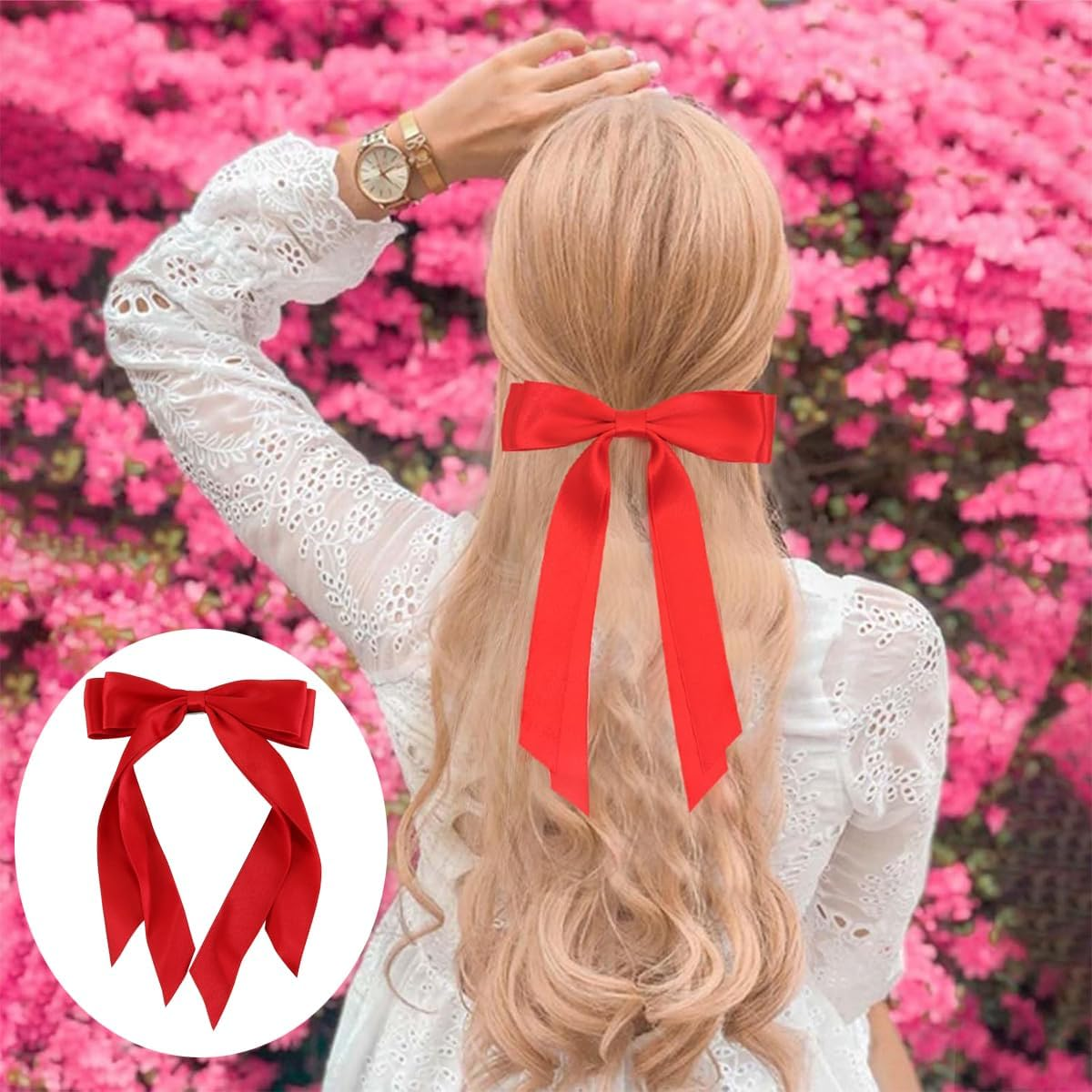 Enwye 2 Black and Red Silk Satin Hair Accessories with Hair Clips for Braids, Ponytails or Clothes