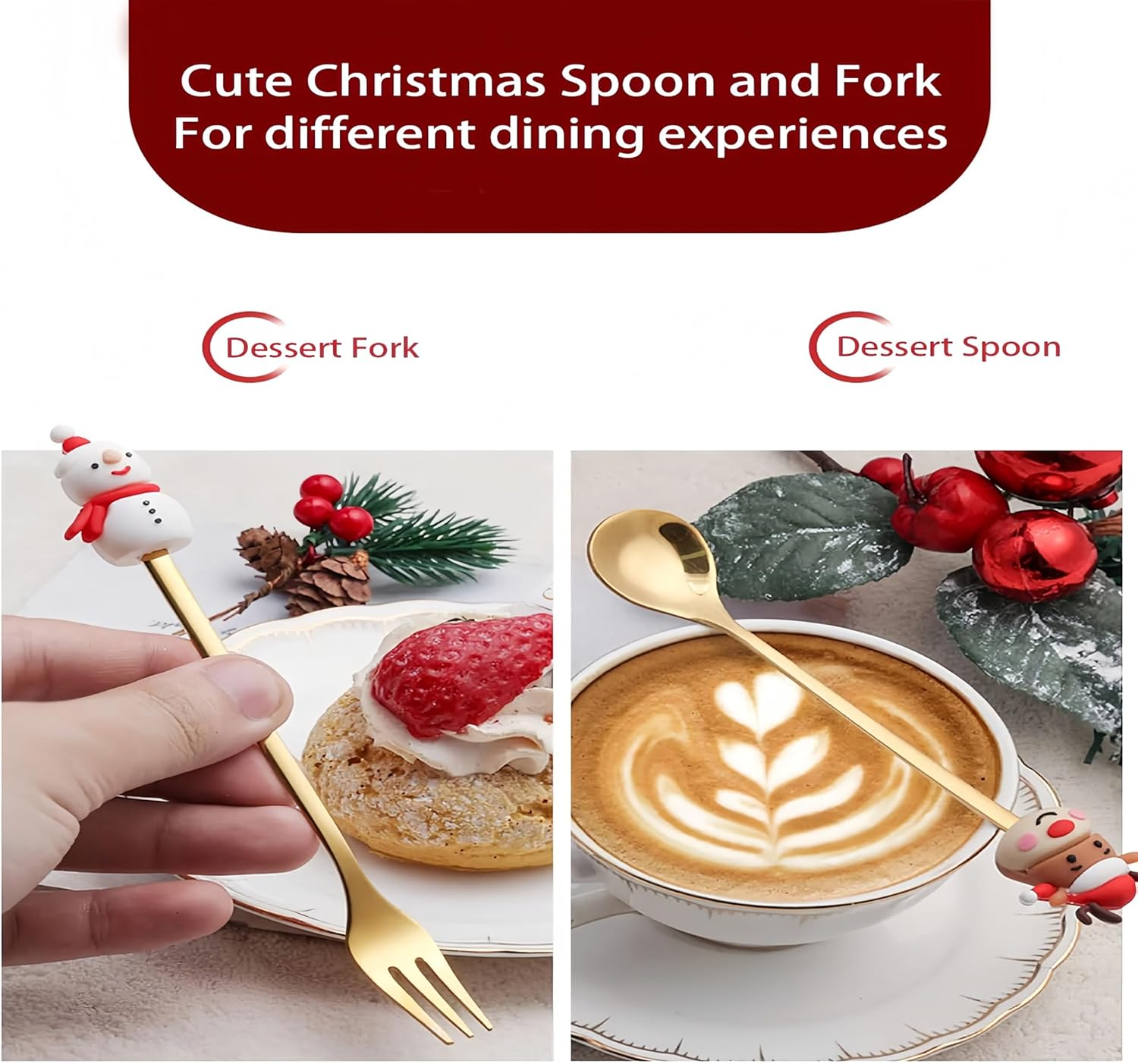 Azragon 6Pcs Cutlery Set with 3Pcs Spoons, 3Pcs Forks for Flat White/Tea/Coffee,Tableware with Christmas Elements Design and Perfect Gifts for Kids and Friends.