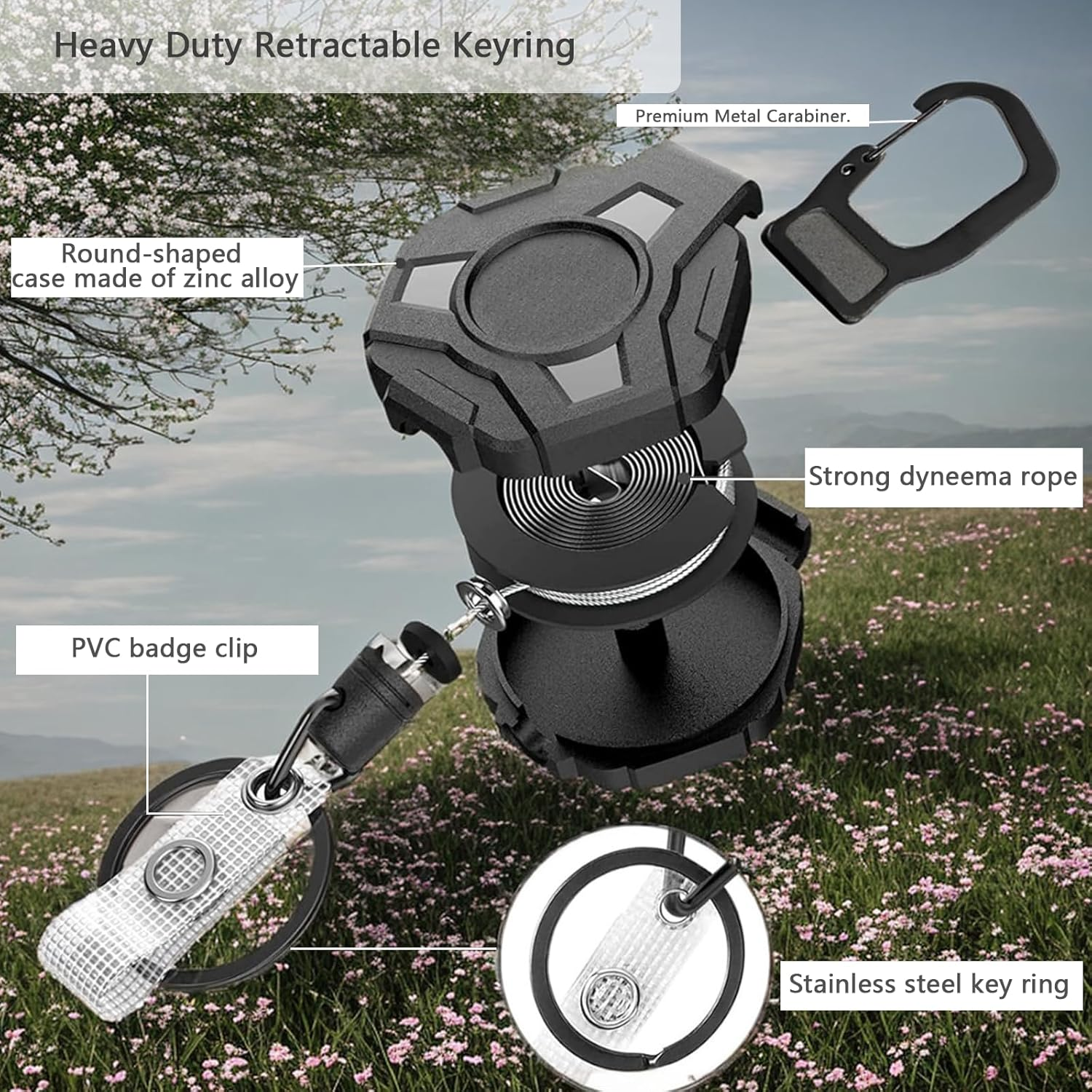 2 Pack Retractable Keychain, Lanyard Retractable Keyring Heavy Duty, ID Badge Reel with 81Cm Steel Wire Rope, Extendable Badge Holder with Clip - Black image number 5