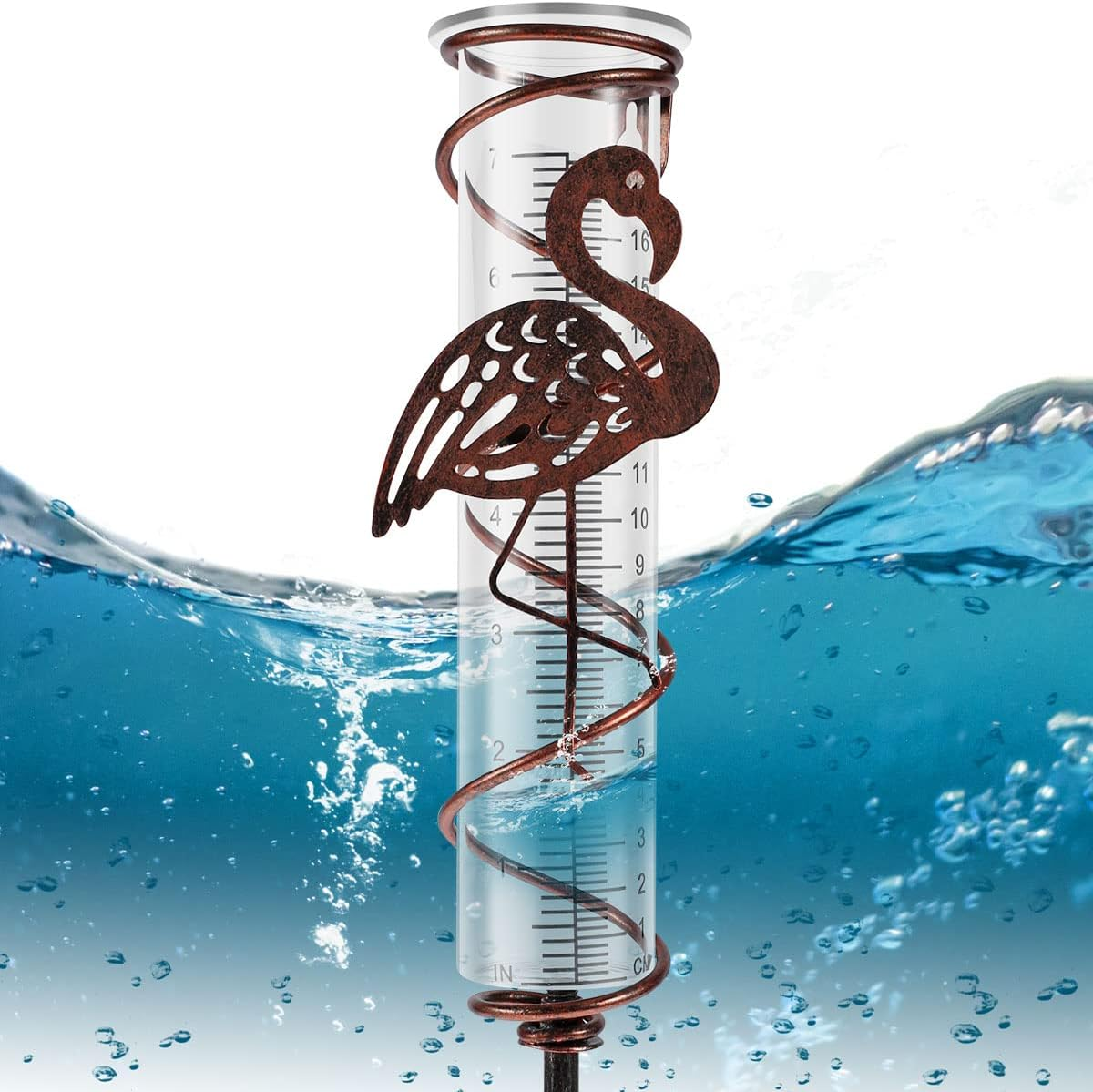 Rain Gauge for Garden - 7Inch Capacity Metal Spiral Rain Gauge with Bird Ornament Outdoor Water Gauge Rain Falling Measuring Instrument for Patio Lawn Backyard Decoration (Flamingo) image number 3