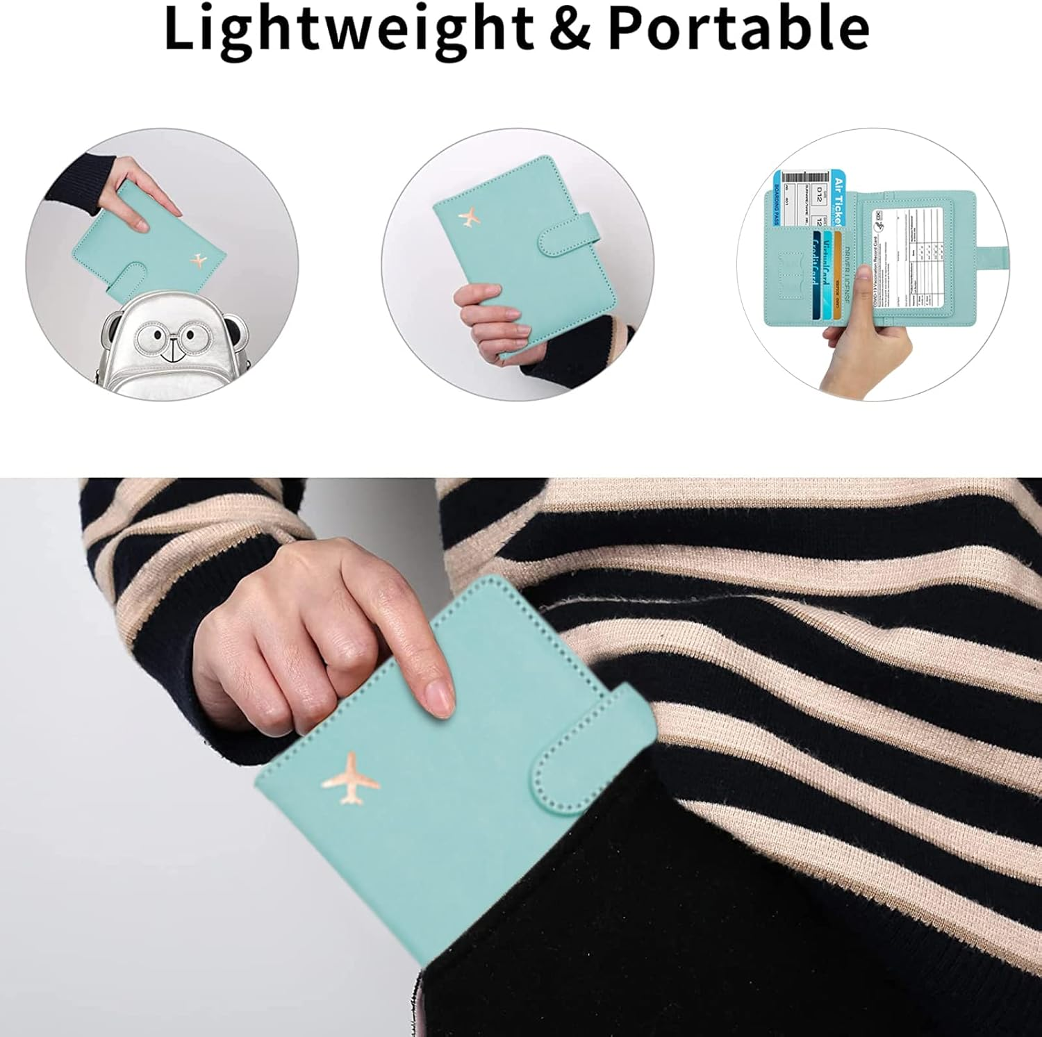 Deziliao Passport and Vaccine Card Holder Combo, PU Leather Passport Holder with Vaccine Card Slot, Passport Wallet for Men and Women&hellip;, Aqua Green, Upgrade - Black-Fly image number 3