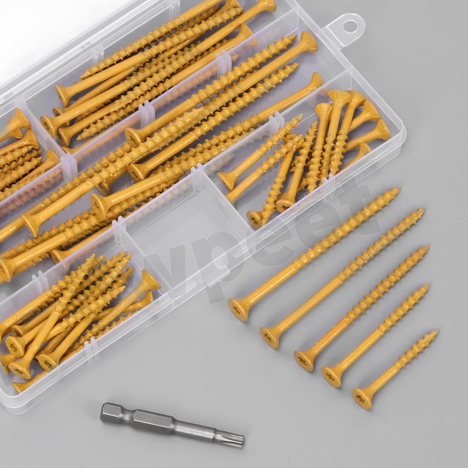 Swpeet 61Pcs 5 Sizes Khaki Deck Screws with T25 Star Bit Assortment Kit, T25 Star Torx Drive Flat Head Screws Rust Resistant, Exterior Ceramic Coated Wood Screw for Exterior Wood Projects image number 1