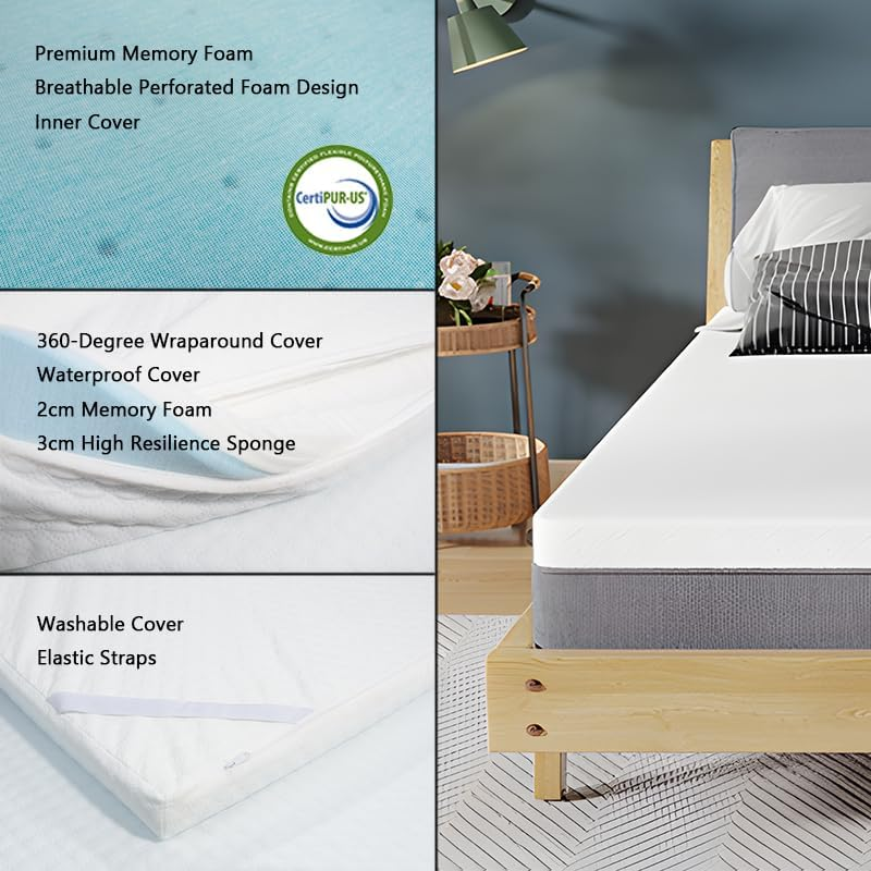 5Cm Thickness Memory Foam Mattress Topper with Washable Waterproof Cover, Mattress Topper for Sofa Bed, Caravan, Hard Mattress and Old Mattress. (Double)