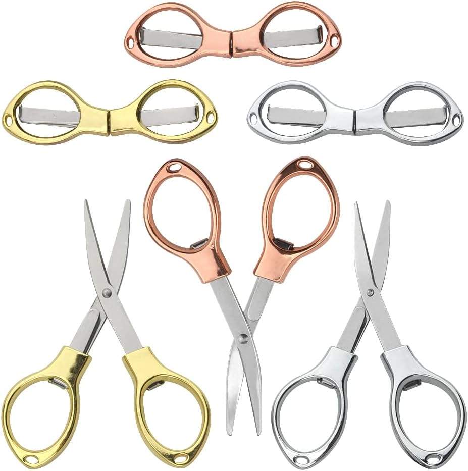 XINMEIWEN 6Pack Folding Scissors Portable Travel Scissors Stainless Steel Small Sewing Scissors Set Glasses-Shaped Mini Shear with 3 Colors for Home Office and Travel Use image number 1
