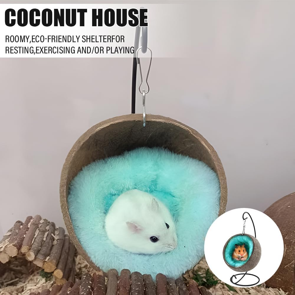 MOTRAIN Coconut Shell Bird Nest House Bed Indoor Golden Pet Kennels Bear, Guinea Pig, Natural and Safe Wooden Swing Climbing Ladder, Stainless Steel Basin Parrot for Home Room Desktop image number 2