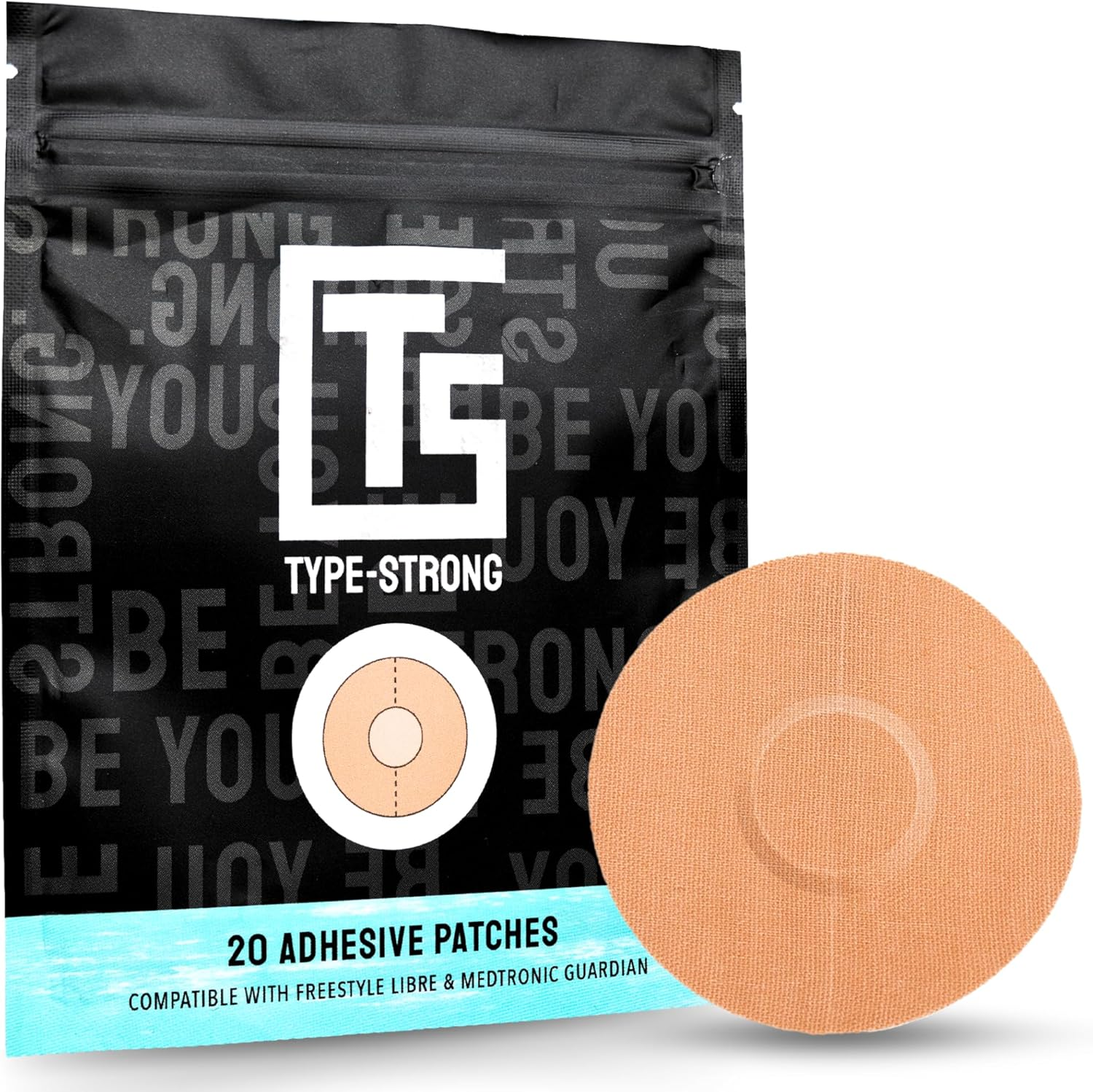Type Strong Adhesive Patches for Freestyle Libre 2, Libre 3, Dexcom G7, Medtronic Guardian. Pre-Cut for Sensitive Skin, Waterproof, & Sweat-Resistant. 10-14 Days of Sensor Protection. 20 Pack, Tan.