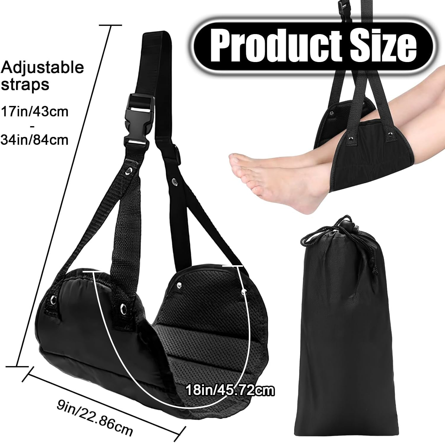 Airplane Footrest, Portable Travel Foot Hammock, Adjustable Height Airplane Foot Rest Hammock for Travel, Home, Office (Black)