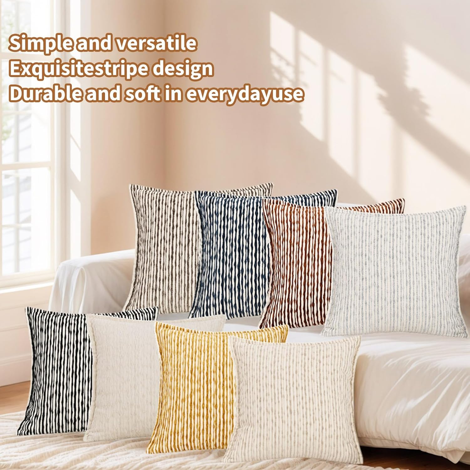 Chenille Jacquard Pillow Cover 45X45Cm Set of 2- Soft Textured Decorative Cushion Case Boho Striped Pillowcase for Sofa Bed Living Room, Beige image number 6