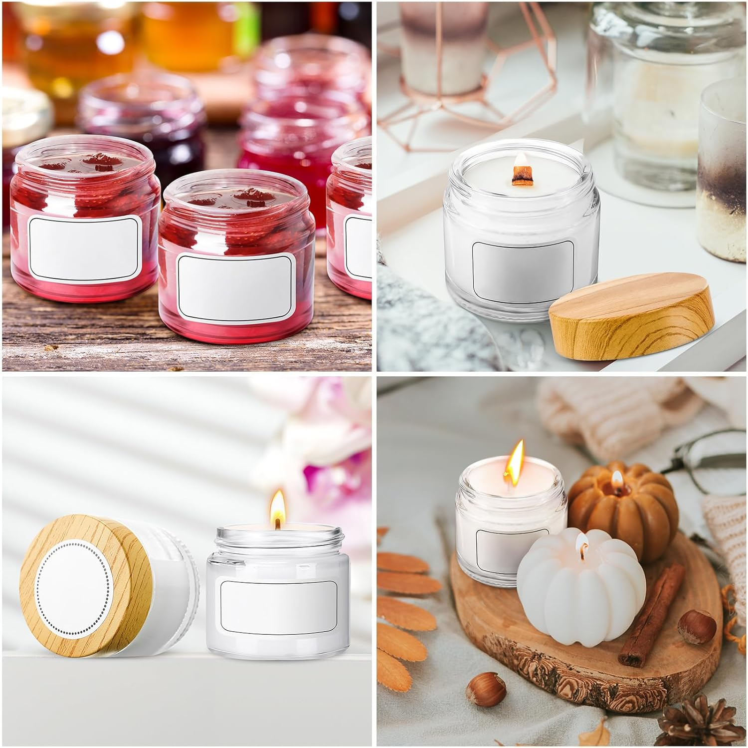 Layhit 64 Pcs 2Oz Glass Jars with Lids Clear Small Jars with Plastic Woodgrain Lids, White Labels and Inner Liners Empty round Cosmetic Containers for Creams Lotions Candle Making(2Oz/ 60Ml) image number 4