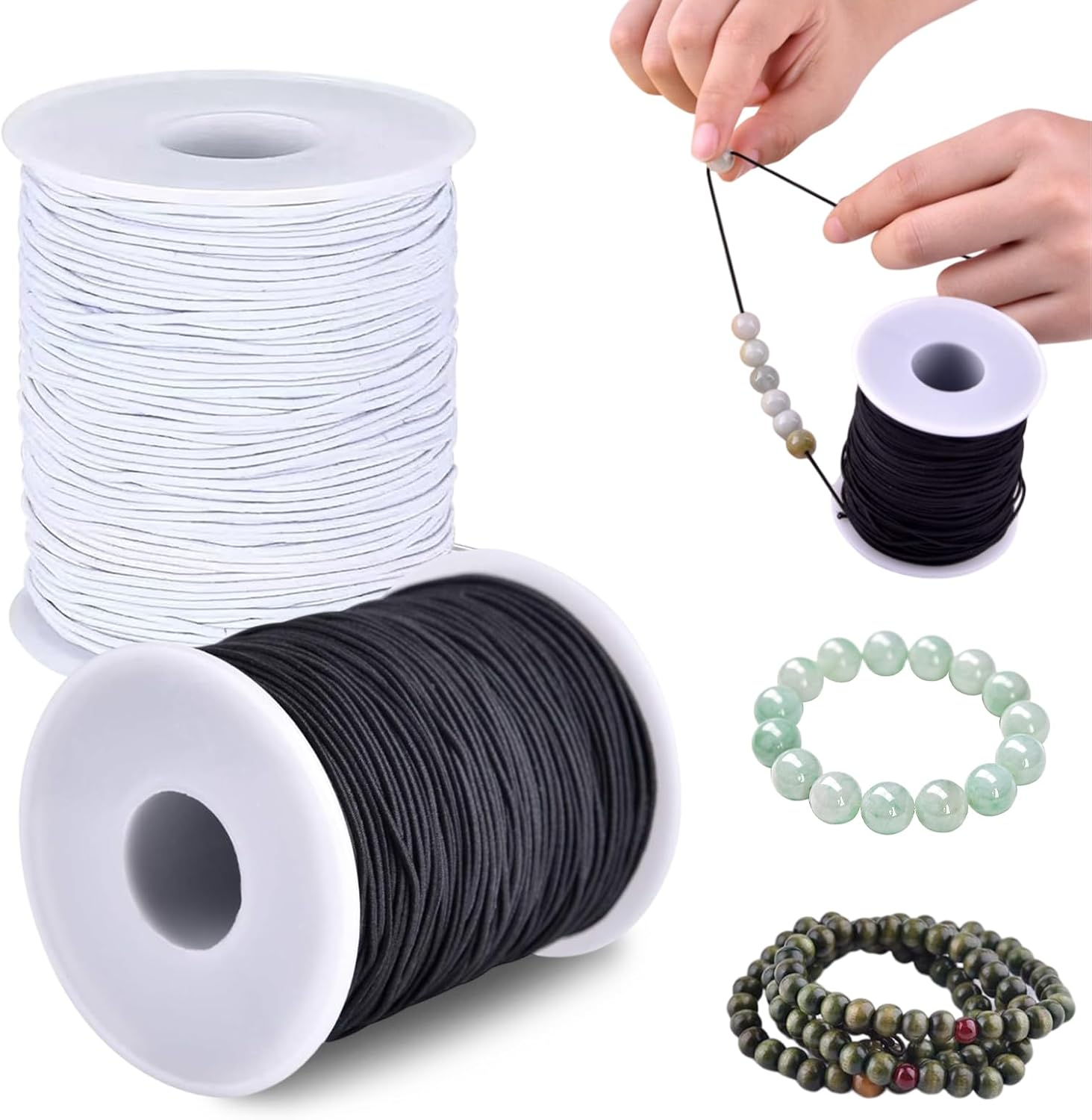 2 Roll 1 Mm Elastic String Cord Elastic Thread Beading String Cord for DIY Jewelry, Hair Ties Bracelets, Necklaces, Beading and Crafts 100 Metres/Roll(Color:White and Black) image number 6