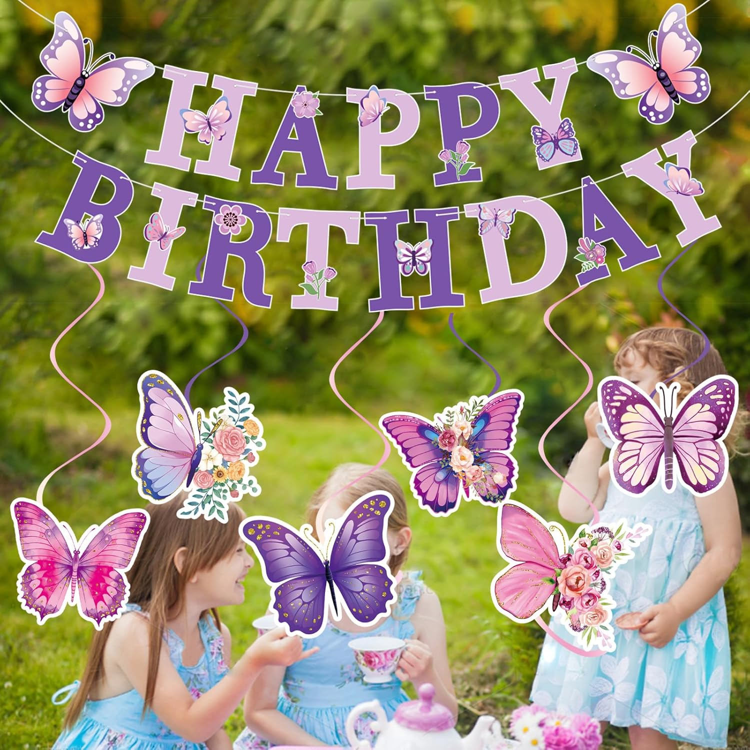 Butterfly Birthday Party Decorations Set, 19 Pieces, Purple and Pink Banner with Hanging Swirls and Cupcake Toppers image number 3