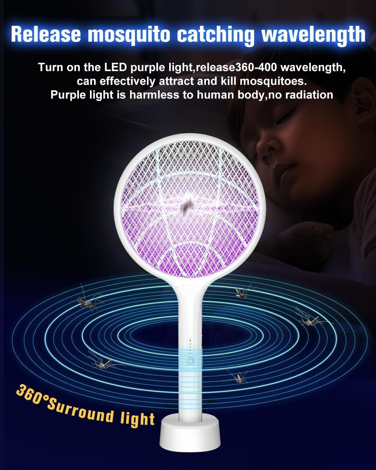 Electric Fly Swatter- 4000V Bug Zapper Racket 2 in 1 Fly Swatter with 2000Mah Battery Rechargeable Mosquito Killer Lamp with 3 Layers Safety Mesh for Indoor and Outdoor image number 6