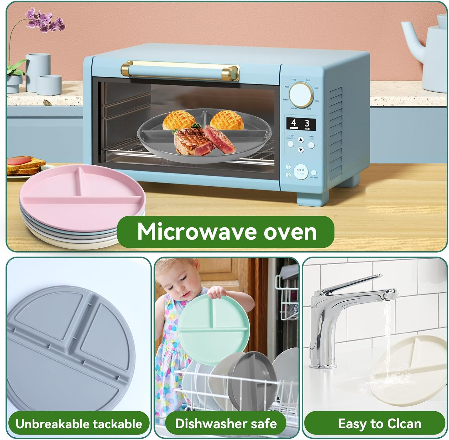 WAYGYMBBD Unbreakable Divided Plates for Kids Adults 9 Inch 5Pcs，Round Portion Control Plate,3 Compartment Plates with Dividers，Microwave and Dishwasher Safe