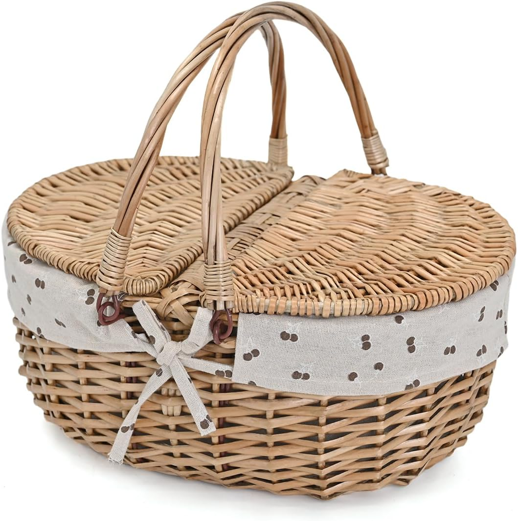 Wicker Picnic Basket with Removable Liner Empty Picnic Baskets with Lid for 2, Picnic Hamper with Foldable Handles for Picnic 2,Checkered