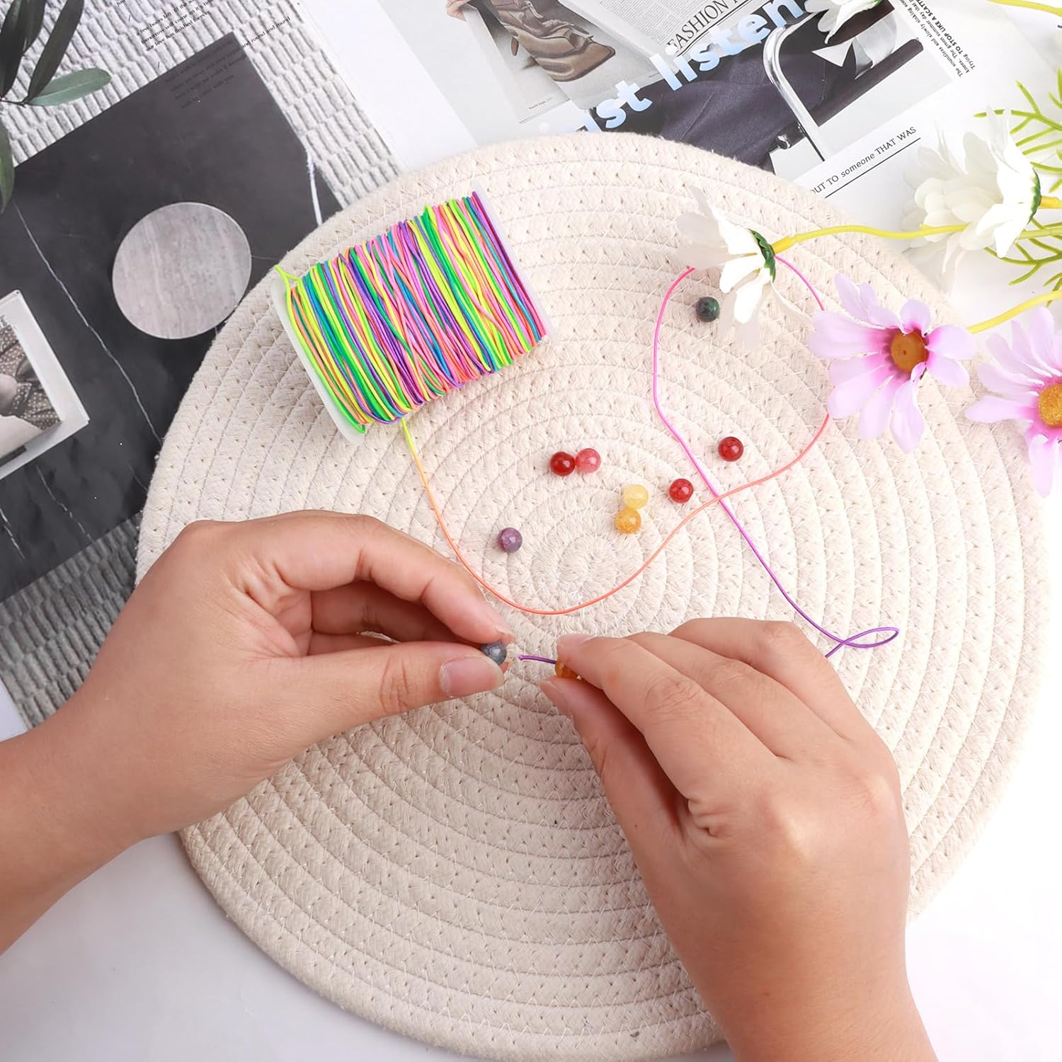 100M Rainbow Elastic Beading Cords 1Mm for Kids Crafts, Pony Bead String, Stretchy Craft Cord for Bracelets and Necklaces, Durable and Colorful Elastic Thread for Jewelry Making image number 3