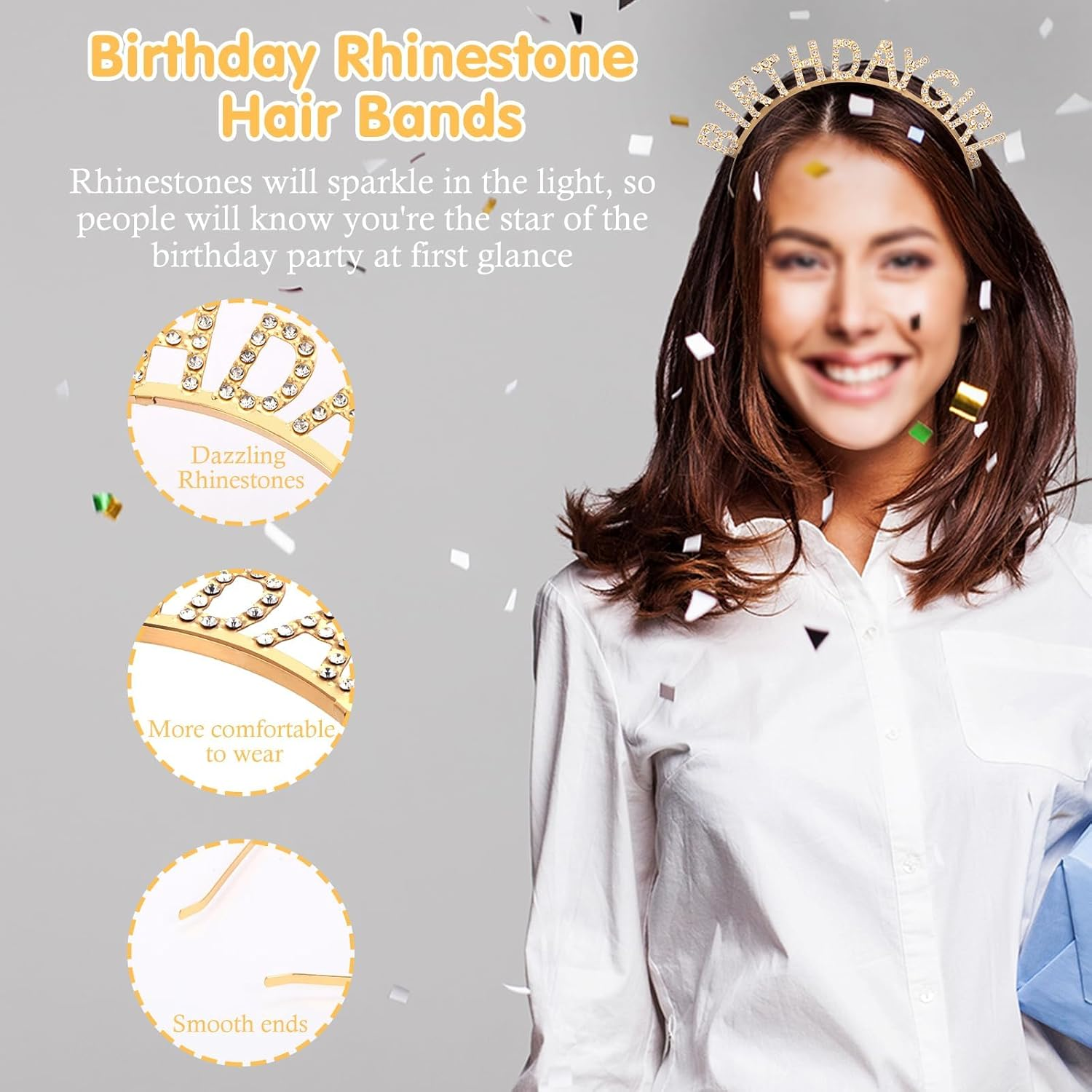 Mynoozi 2PCS Birthday Headband and Cake Topper Kit,Crown Happy Birthday Headband for Women Girls,Rhinestone Happy Birthday Accessories,Cake Decoration-Iron Gold image number 2