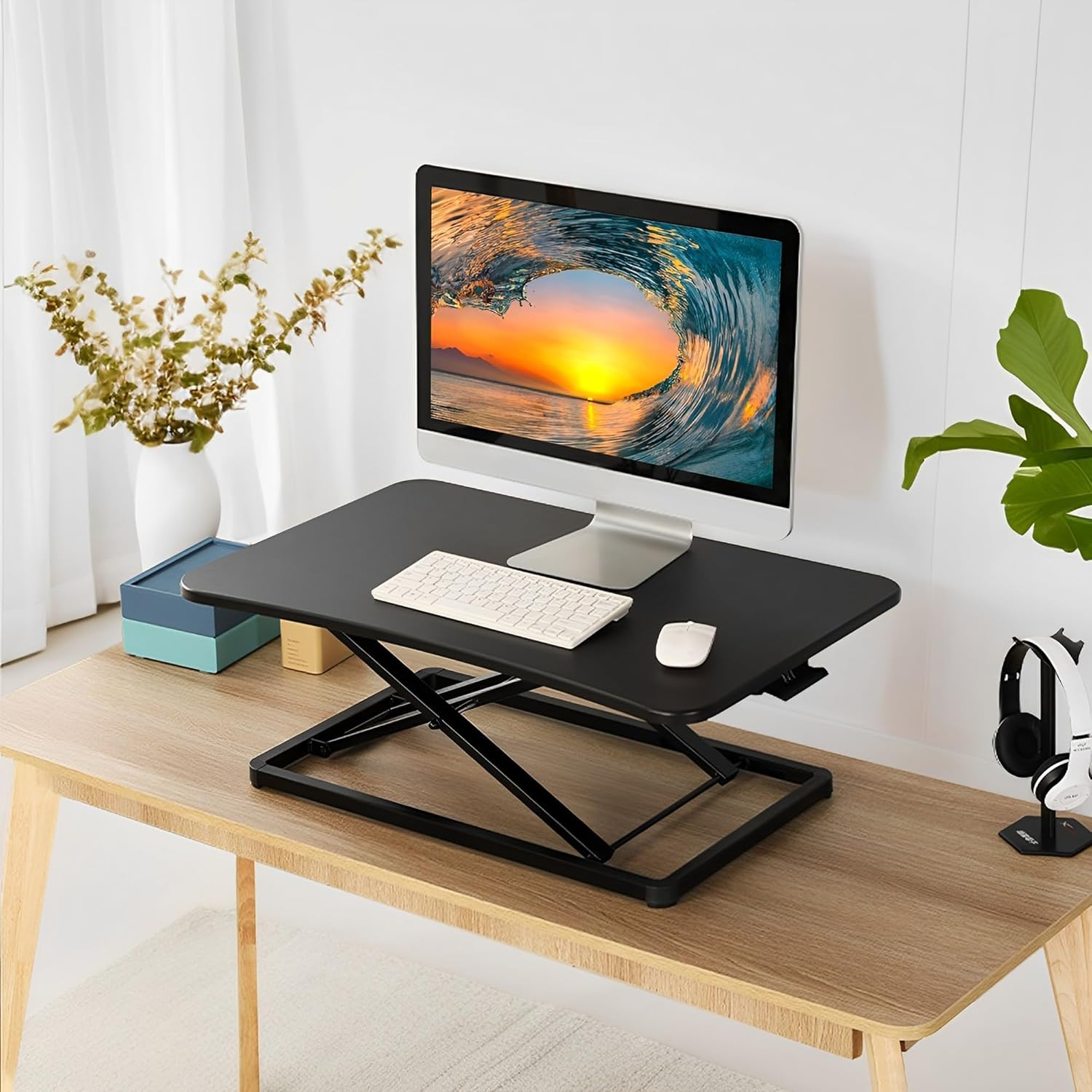 Standing Desk Converter, Pneumatic Height Adjustable Sit Stand up Desk Riser, Desktop Workstation Riser for Home Office Computer Laptop, 73Cm Wide (White) - Black image number 4