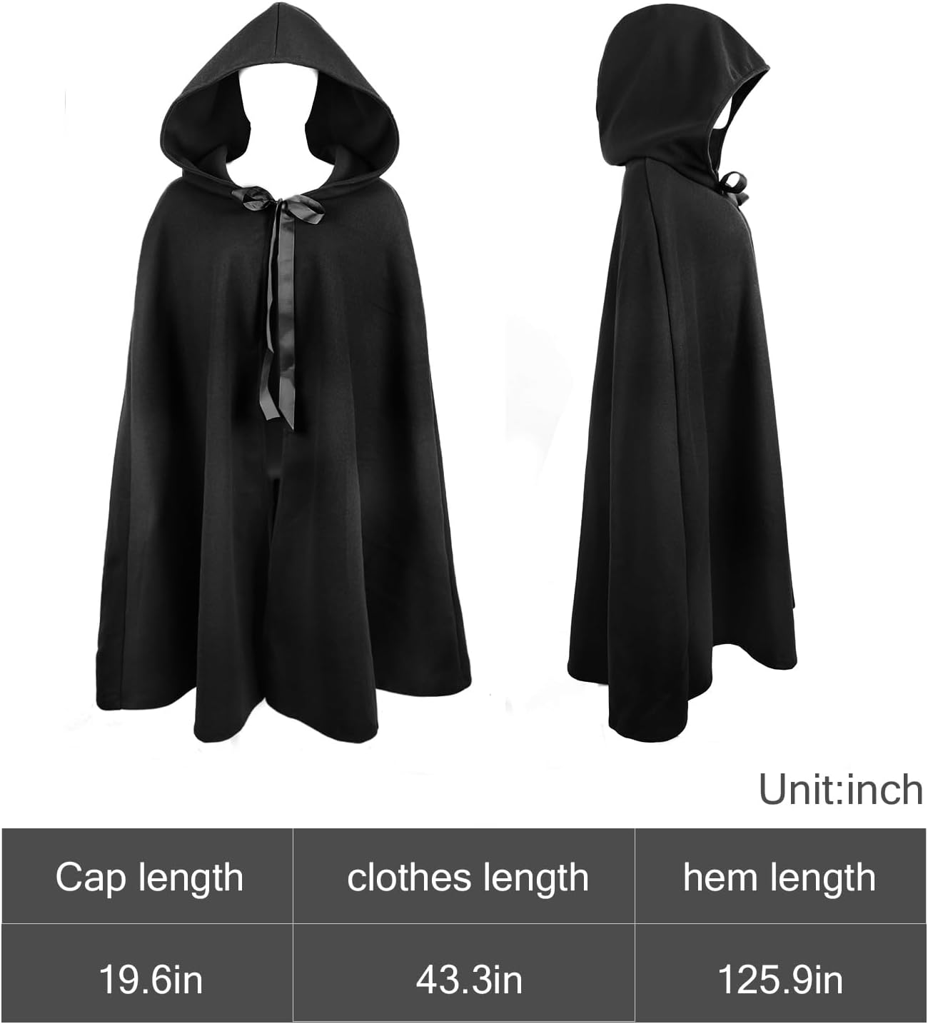 Black Renaissance Hooded Cape Witch Cloak with Hood Medieval Hobbit Halloween Costume image number 4