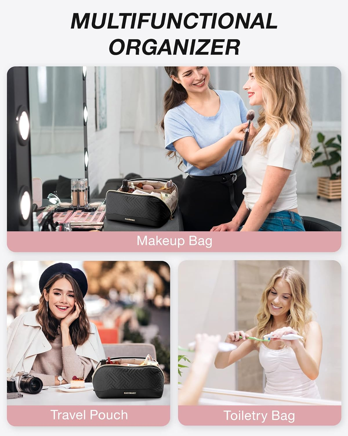 BAGSMART Makeup Bag Cosmetic Bag, Travel Makeup Bag,Water-Resistent Makeup Bags for Women Portable Pouch Open Flat Make up Organizer Case for Toiletries, Brushes, Black image number 4