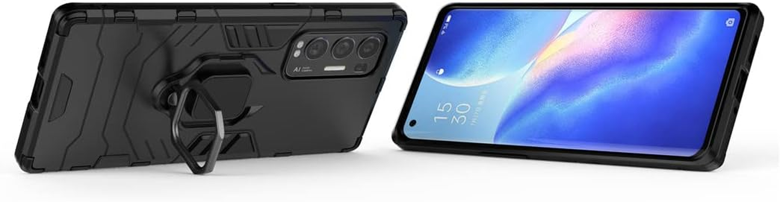Compatible with Oppo Reno 5 Pro plus 5G Case, Metal Ring Grip Kickstand Shockproof Hard Bumper (Works with Magnetic Car Mount) Dual Layer Rugged Cover (Black) - Black image number 4