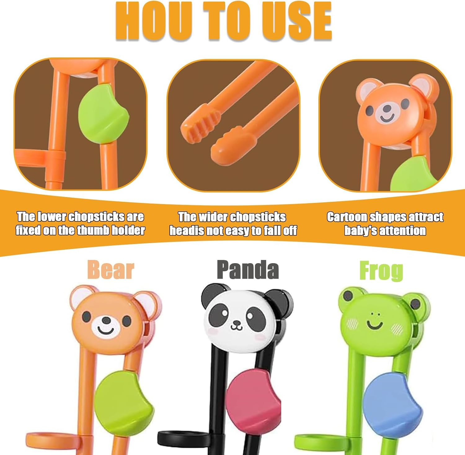 3 Pairs Training Chopsticks with Fun Animal Designs, Panda Bear Frog, ABS and Silicone Material, Ideal for Toddlers Learning to Use Chopsticks image number 1