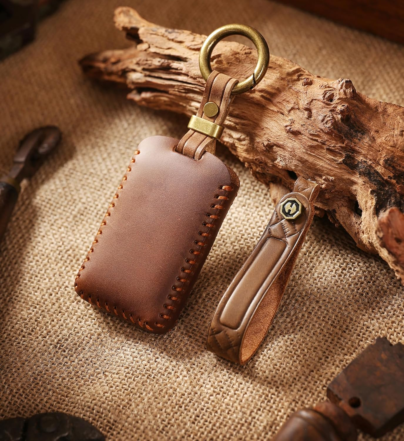 Ontto Cowhide Car Key Cover Fit for Mazda 2 3 6 Sedan Wagon Roadster CX-8 CX-5 CX-30 CX-3 MX-30 CX-60 Handmade Leather Key Case Holder Keyring Key Chain Smart Key Shell Accessories - 3 Bttons-Brown image number 6