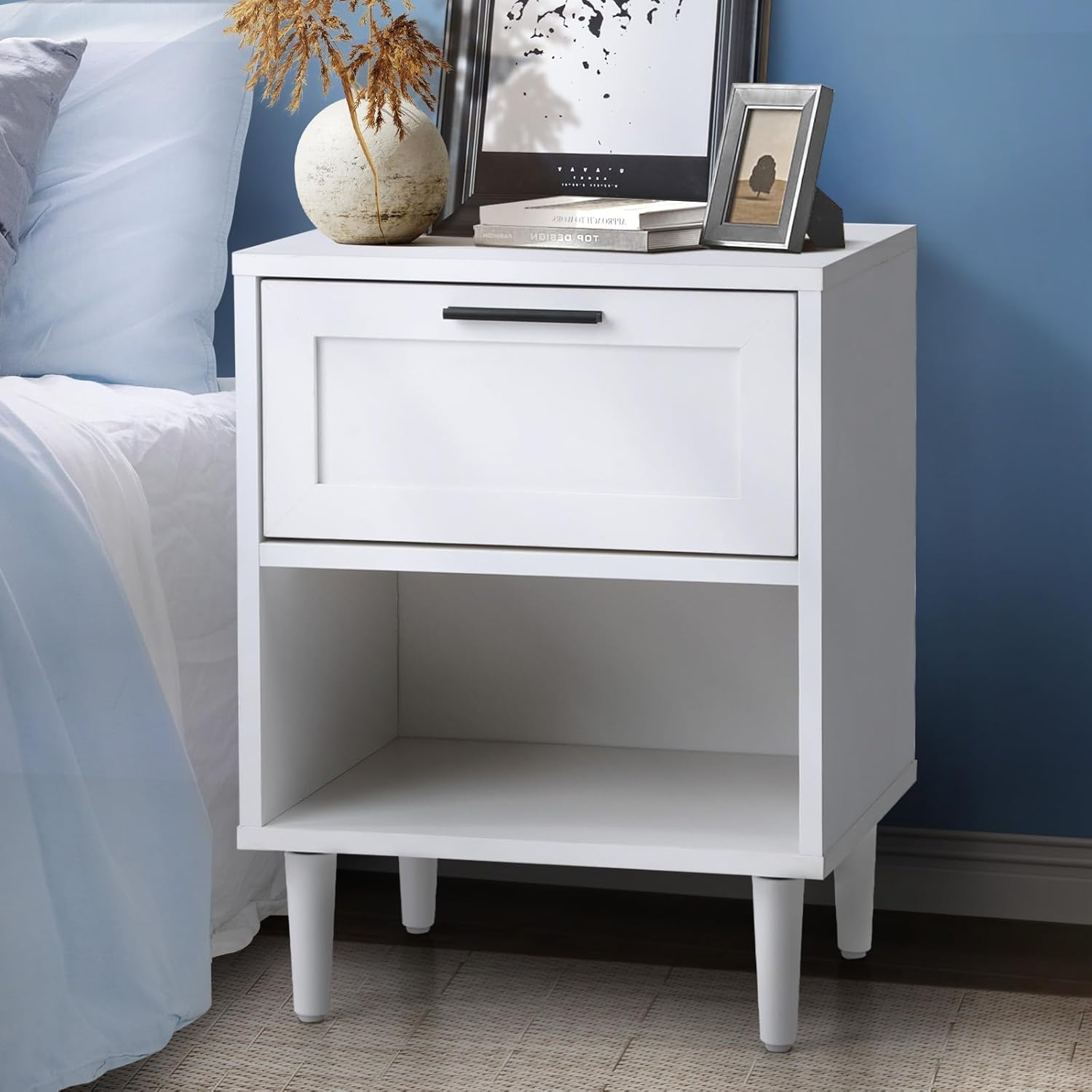 Oikiture Bedside Table with 2 Drawers, Wooden Side Table Nightstand Storage Cabinet White