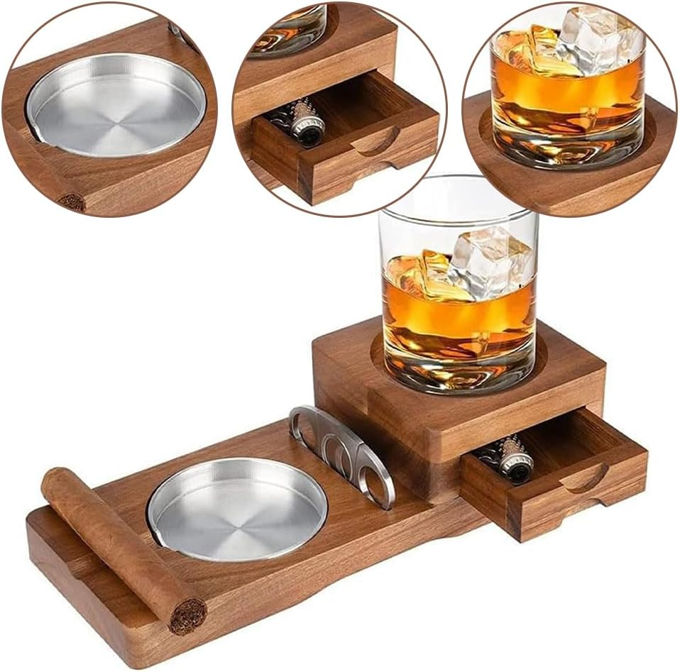 Wooden Cigar Ashtray Set with Whiskey Glass Holder, Built-In Drawer & Cigar Cutter, Multi-Functional Ashtray with Cigar Slot for Home, Office, or Outdoor Use image number 5