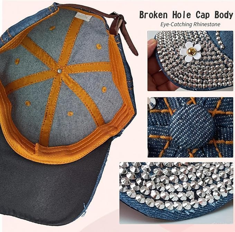 Bling Baseball Cap for Women, Adjustable Rhinestone Sun Hat with Flower Summer Sport Denim Cap image number 3