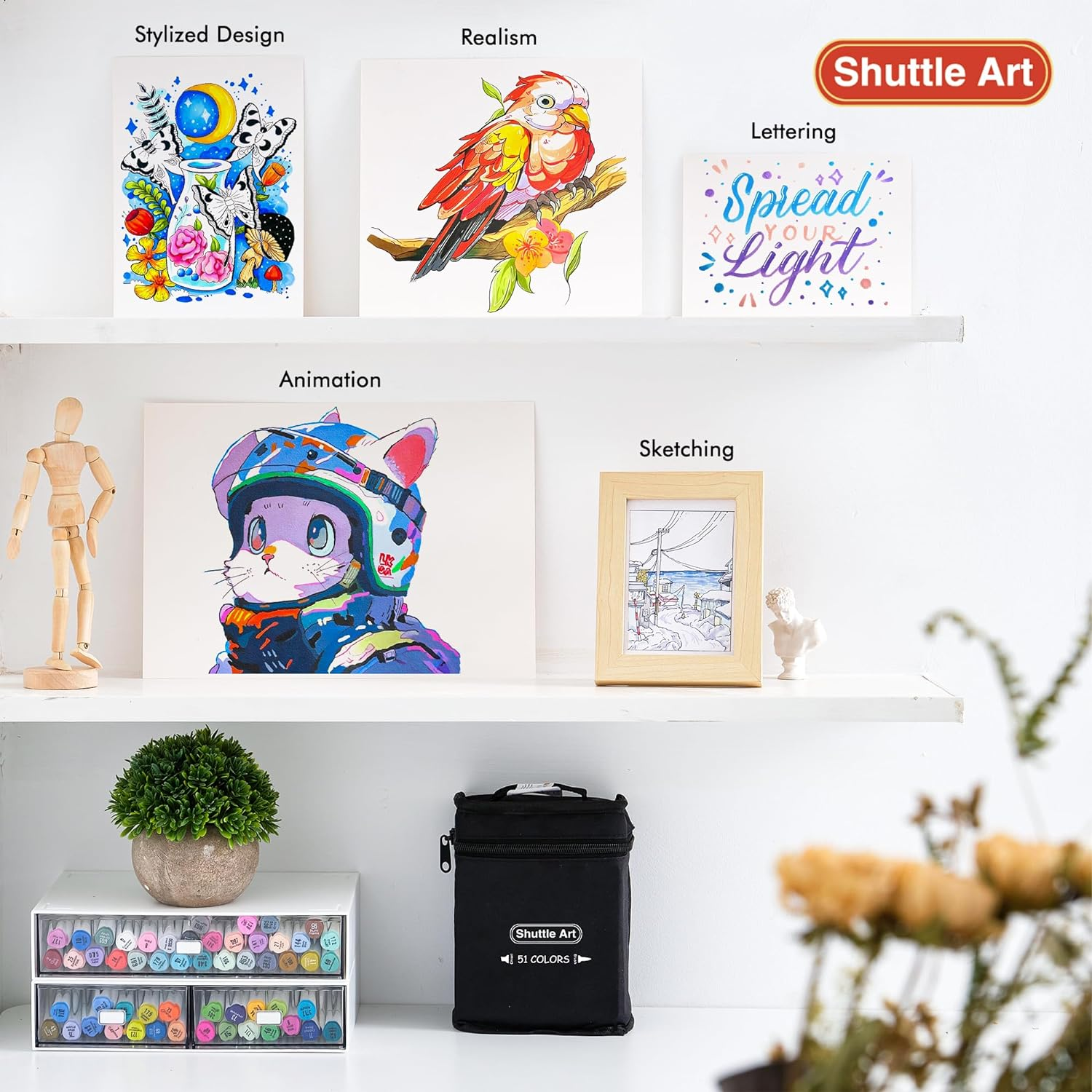 Shuttle Art Brush Tip Art Pens, Dual Tip Alcohol Markers Set, Brush & Chisel Tip Art Markers, 50 Colours plus 1 Blender Permanent Marker Pens with Case Perfect for Illustration Colouring Sketching image number 6