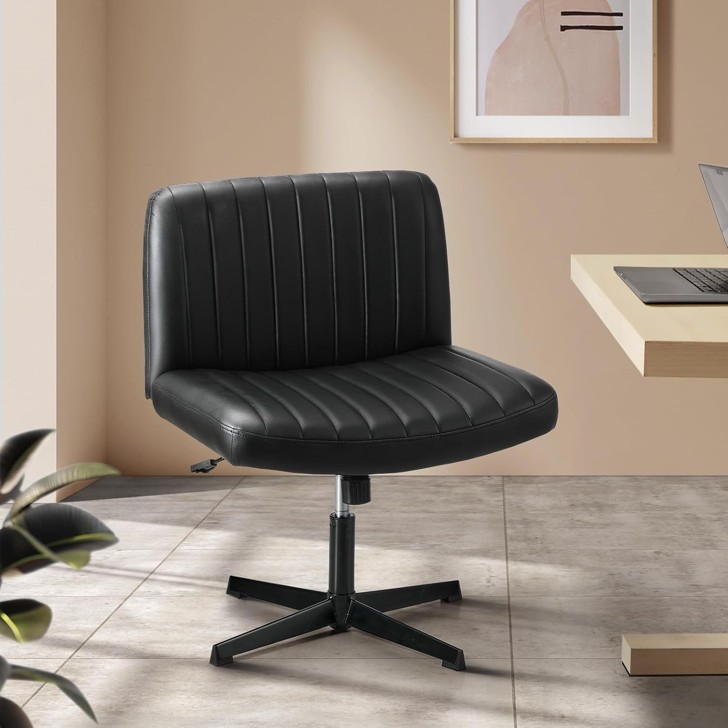 Oikiture Home Office Chair with Pu Leather Cover and Wider Seat Beige Cross Legged Office Chair