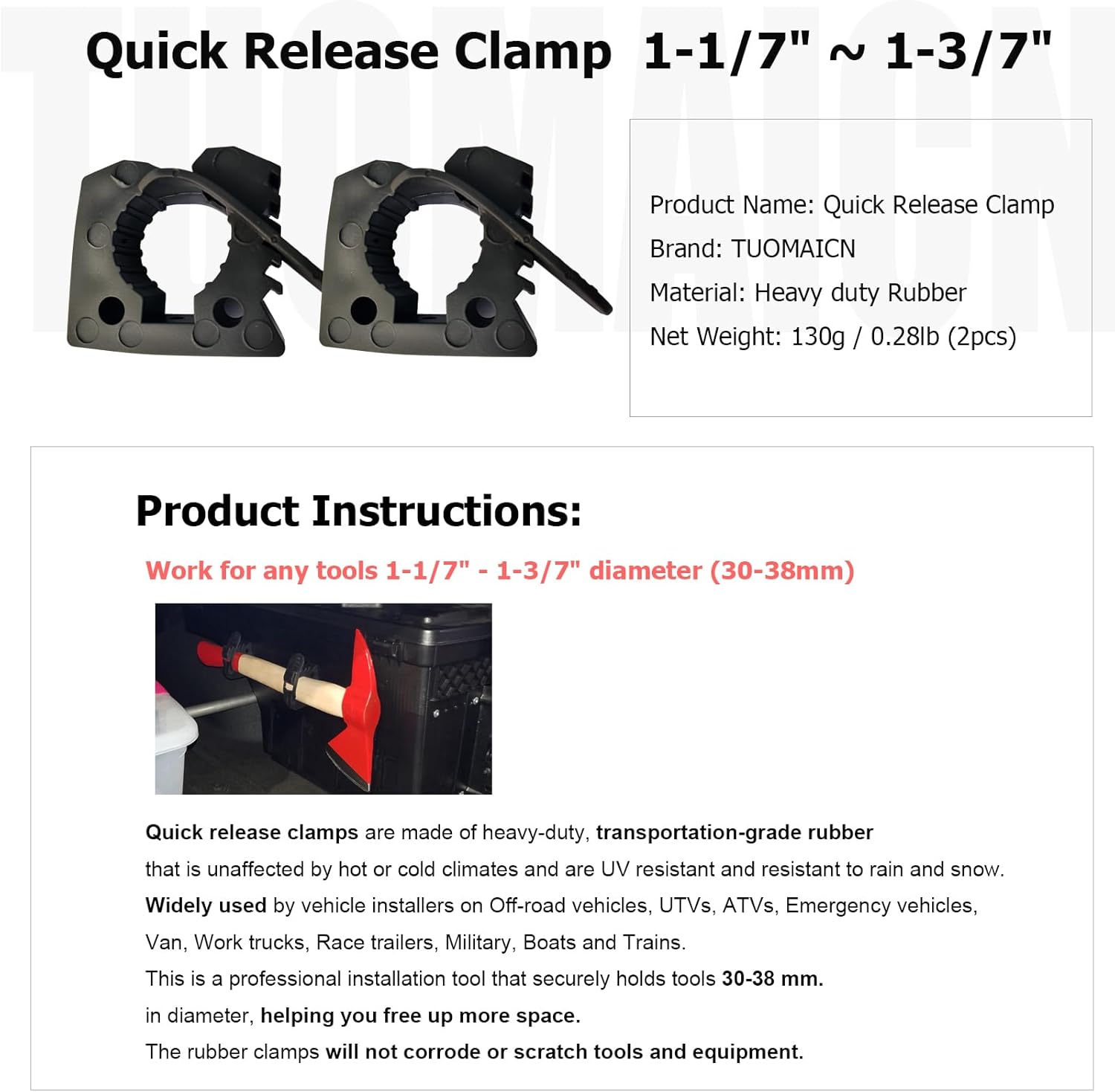 Pikioraz 2 Pack Shovel Mount, Rubber Clamp Grip for 1-1/7" to 1-4/9" Diameter Tools and Equipment Used on Off-Road Vehicle, SUV UTV ATV, RV Van, Pickup Trucks, Utility Trailers image number 2