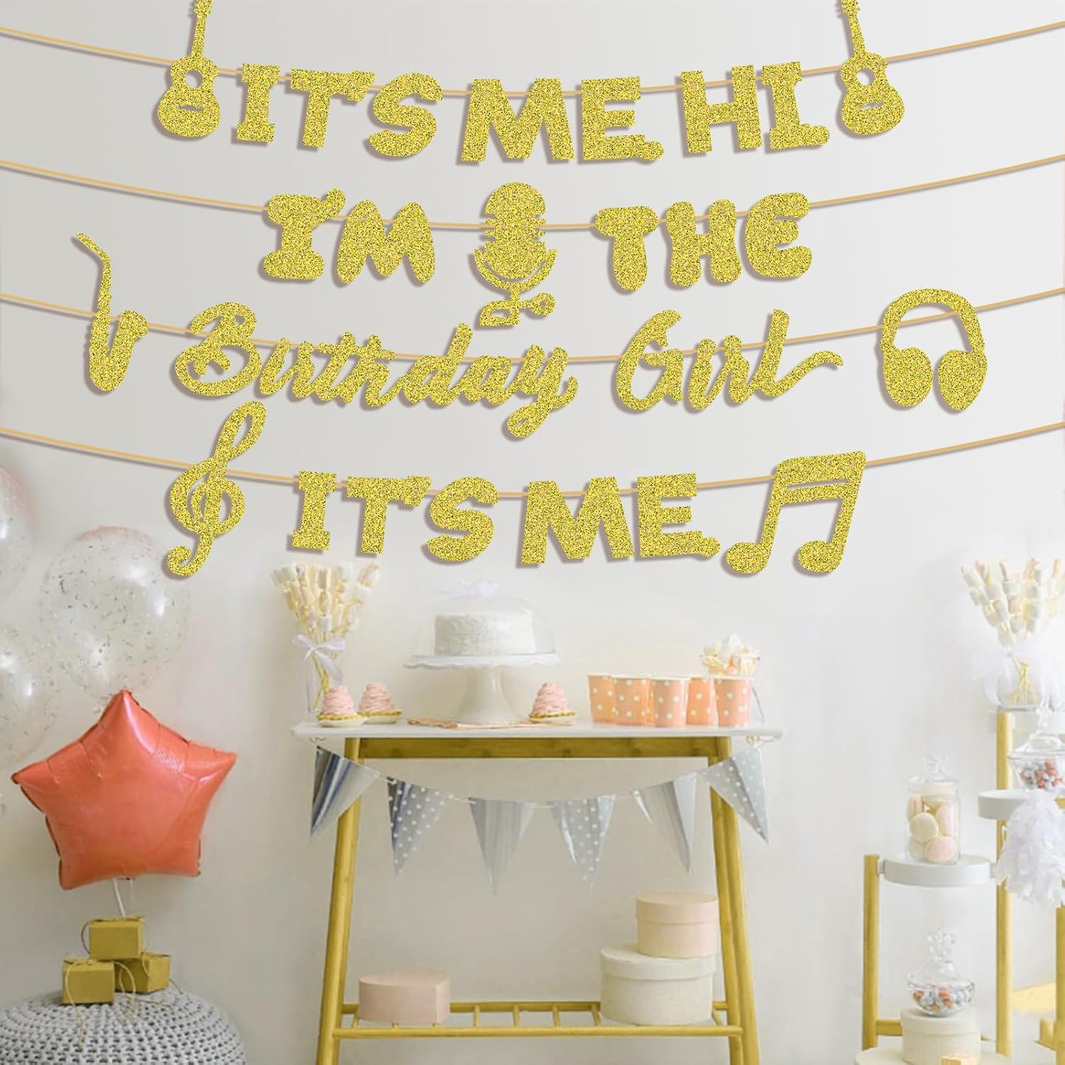 It'S Me Hi I'M the Birthday Girl Banner, Glitter Happy Birthday Banner It'S Me Banner Birthday Party Banner Sign Background for Girls Birthday Party Decor (Gold) image number 1