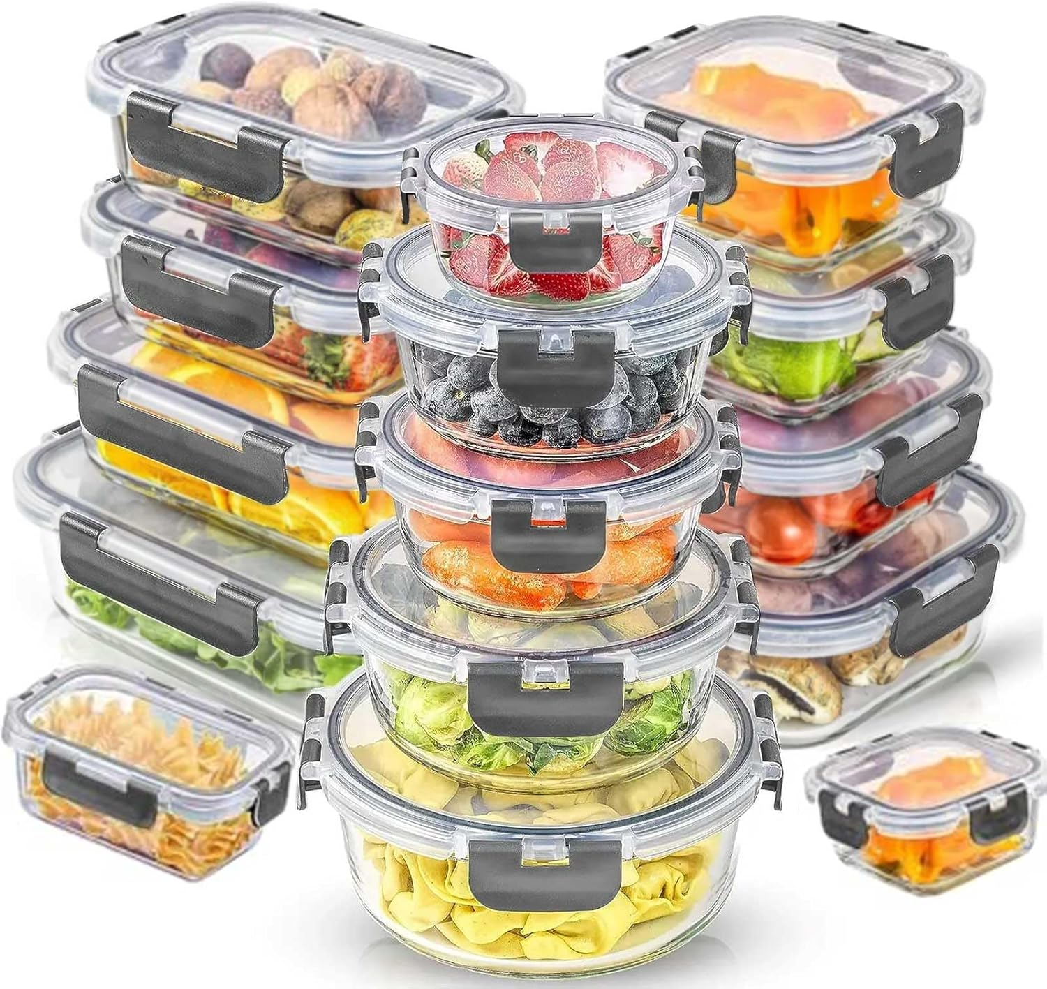 Stusgo 15 Pack Glass Food Storage Containers with Lids, Airtight Leak Glass Meal Prep Glass Containers, 3 Size Lunch Glass Containers, BPA Free，Reusable for Kitchen Organization (15 Pcs Black)