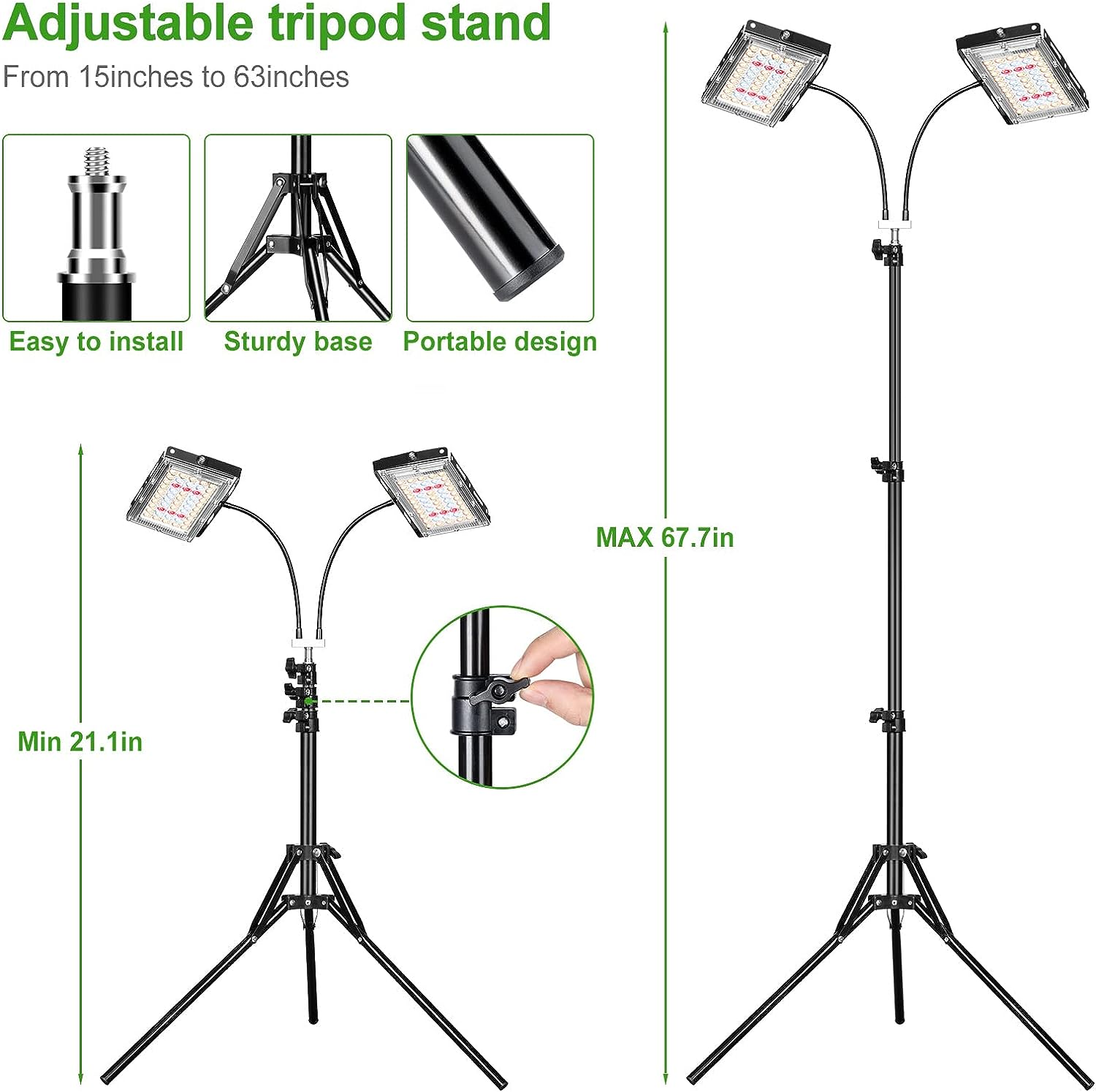 Grow Light with Stand, LBW Dual Heads Full Spectrum Grow Light, 200W LED Plant Lights for Indoor Plants, Auto On/Off Timer, 6 Dimmable Levels, 3 Switch Modes, Adjustable Tripod Stand 15-63 Inches image number 5