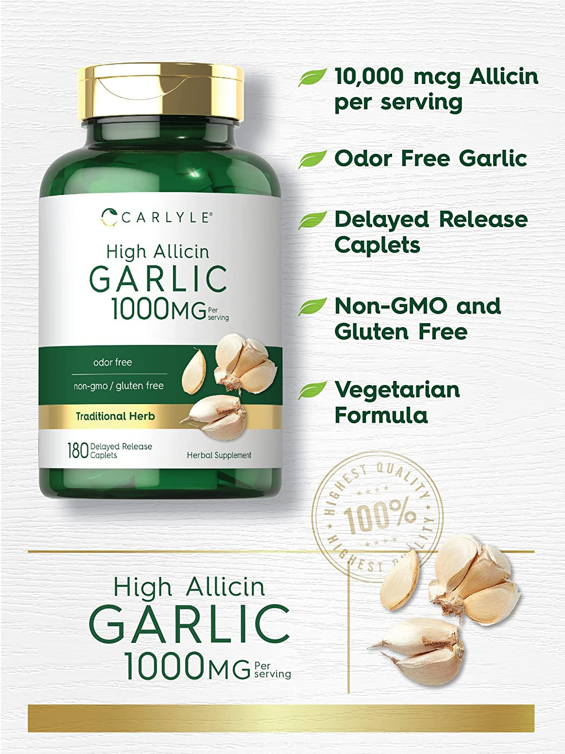 High Allicin Garlic Supplement 500Mg | 180 Caplets | Odorless Garlic Pills | Vegetarian, Non-Gmo, Gluten Free | by Carlyle